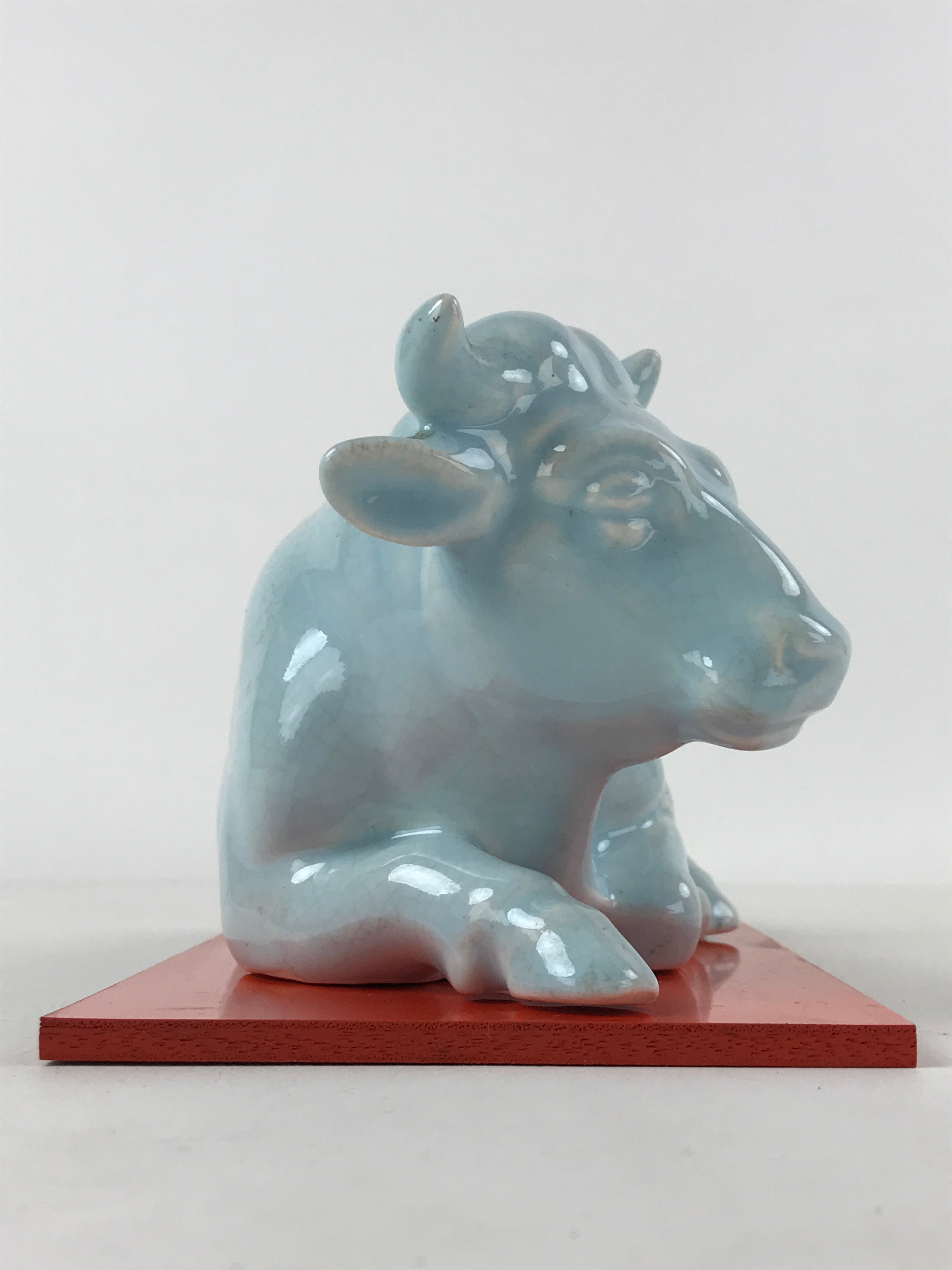 Japanese Ceramic Ox Figurine Vtg Green Red Stand Zodiac Decoration W/ Box PX716