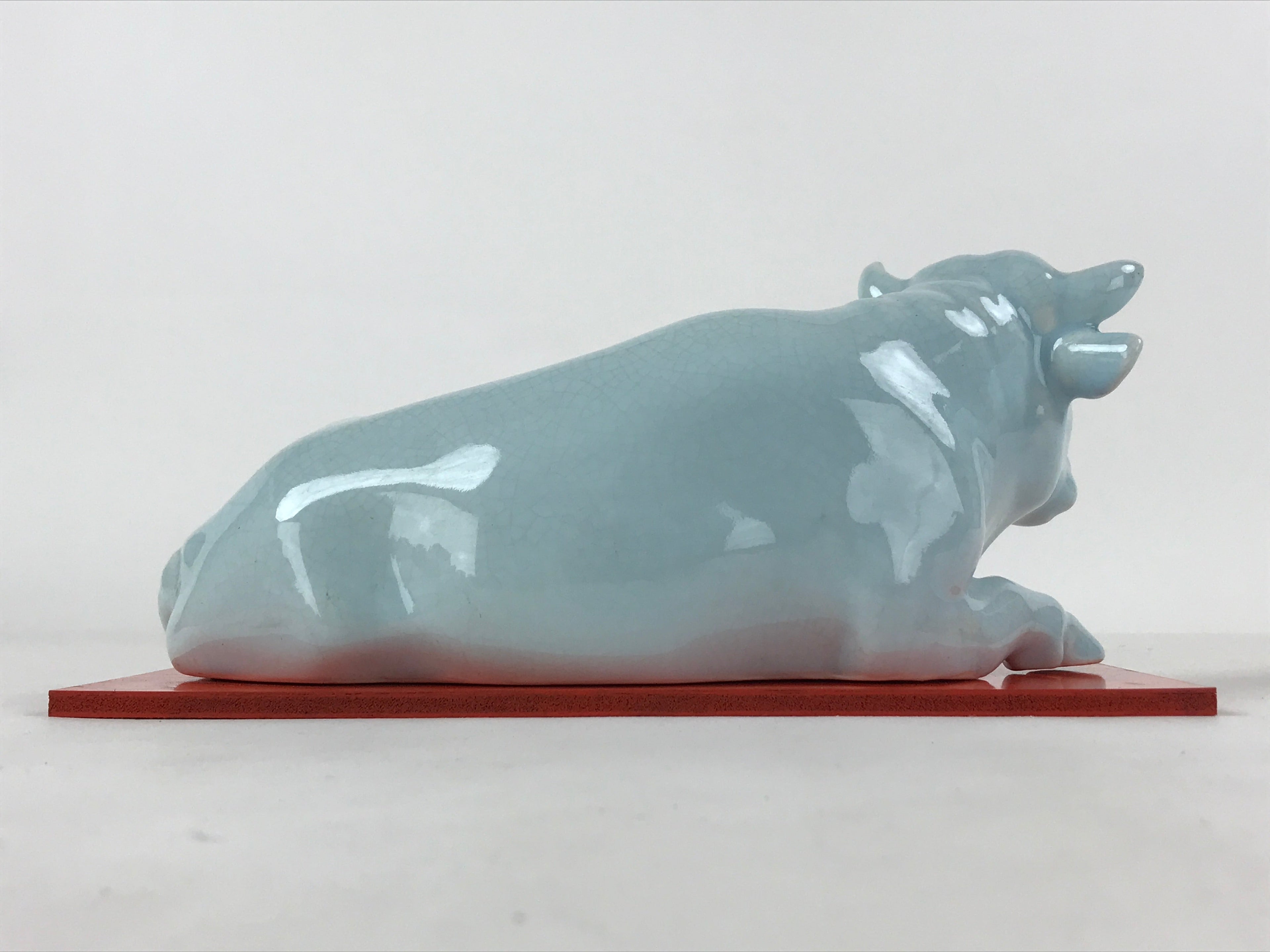 Japanese Ceramic Ox Figurine Vtg Green Red Stand Zodiac Decoration W/ Box PX716