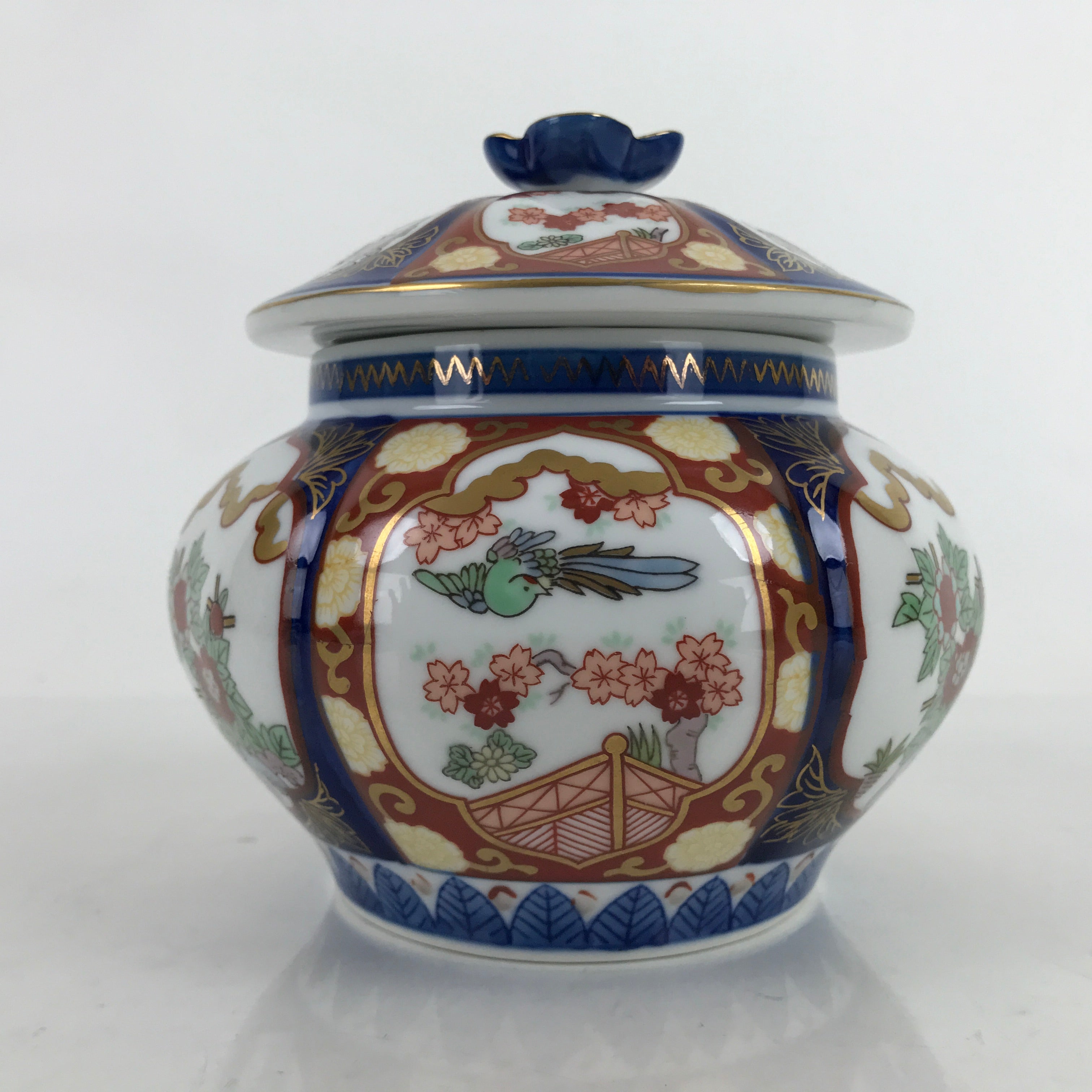 Japanese Ceramic Pot With Lid Vtg Arita Ware Old Imari Kinshobai Candy Dish Y177