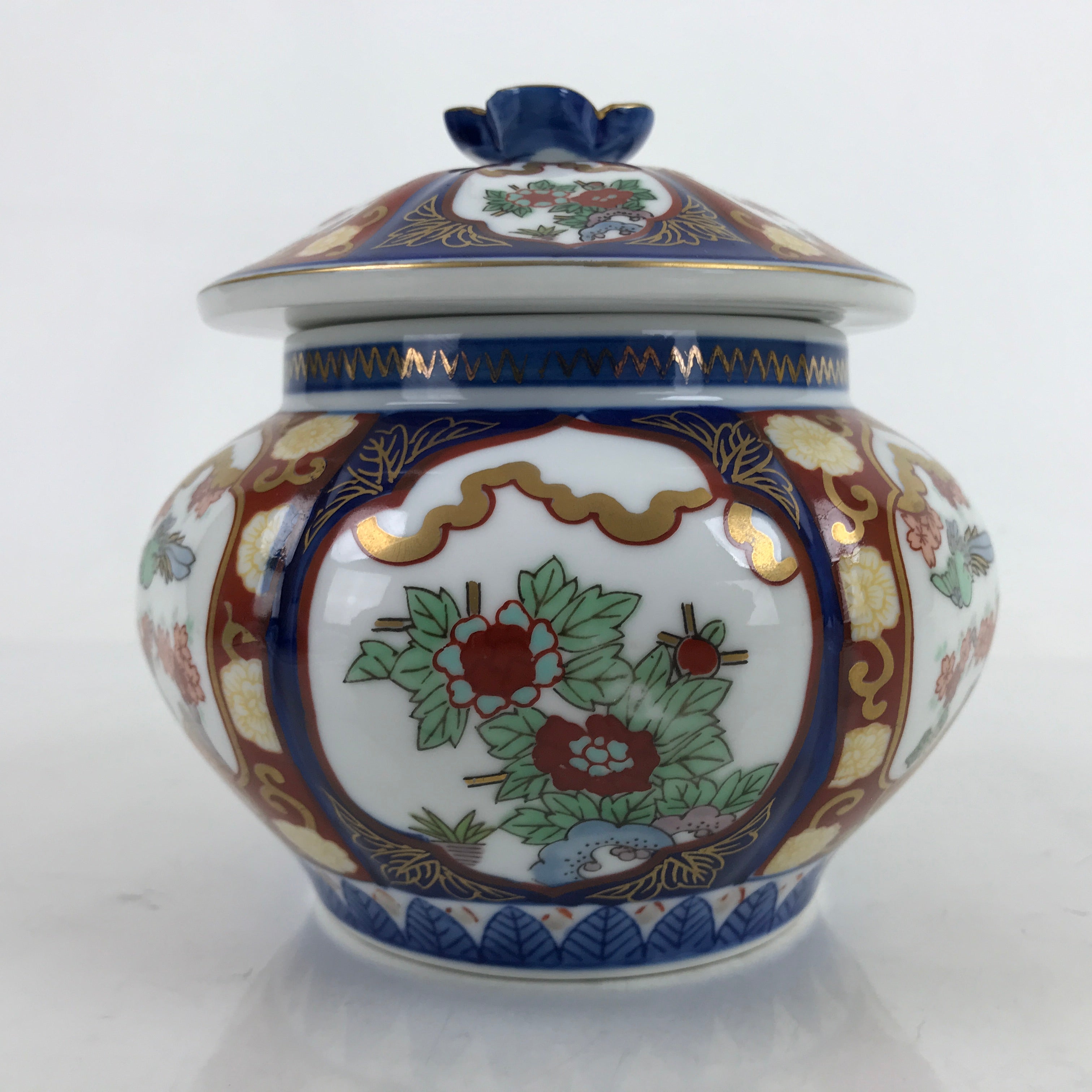 Japanese Ceramic Pot With Lid Vtg Arita Ware Old Imari Kinshobai Candy Dish Y177