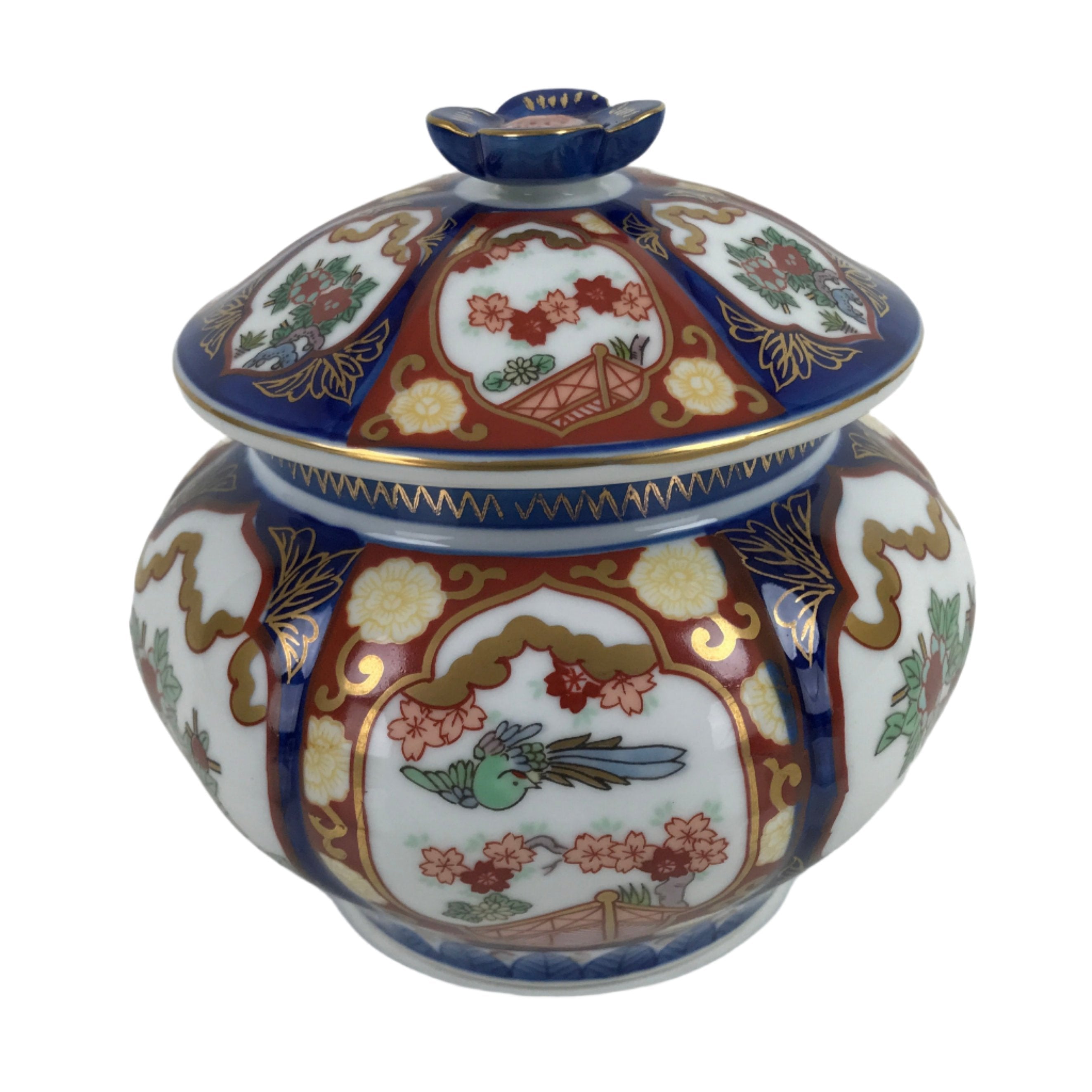Japanese Ceramic Pot With Lid Vtg Arita Ware Old Imari Kinshobai Candy Dish Y177