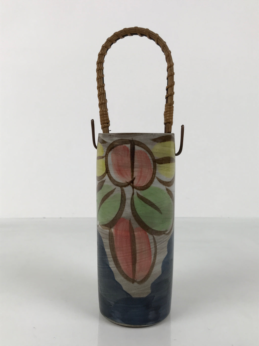 Japanese Ceramic Pottery Flower Vase Vtg Ikebana Kabin Bamboo Handle Pink FK205