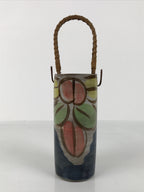 Japanese Ceramic Pottery Flower Vase Vtg Ikebana Kabin Bamboo Handle Pink FK205
