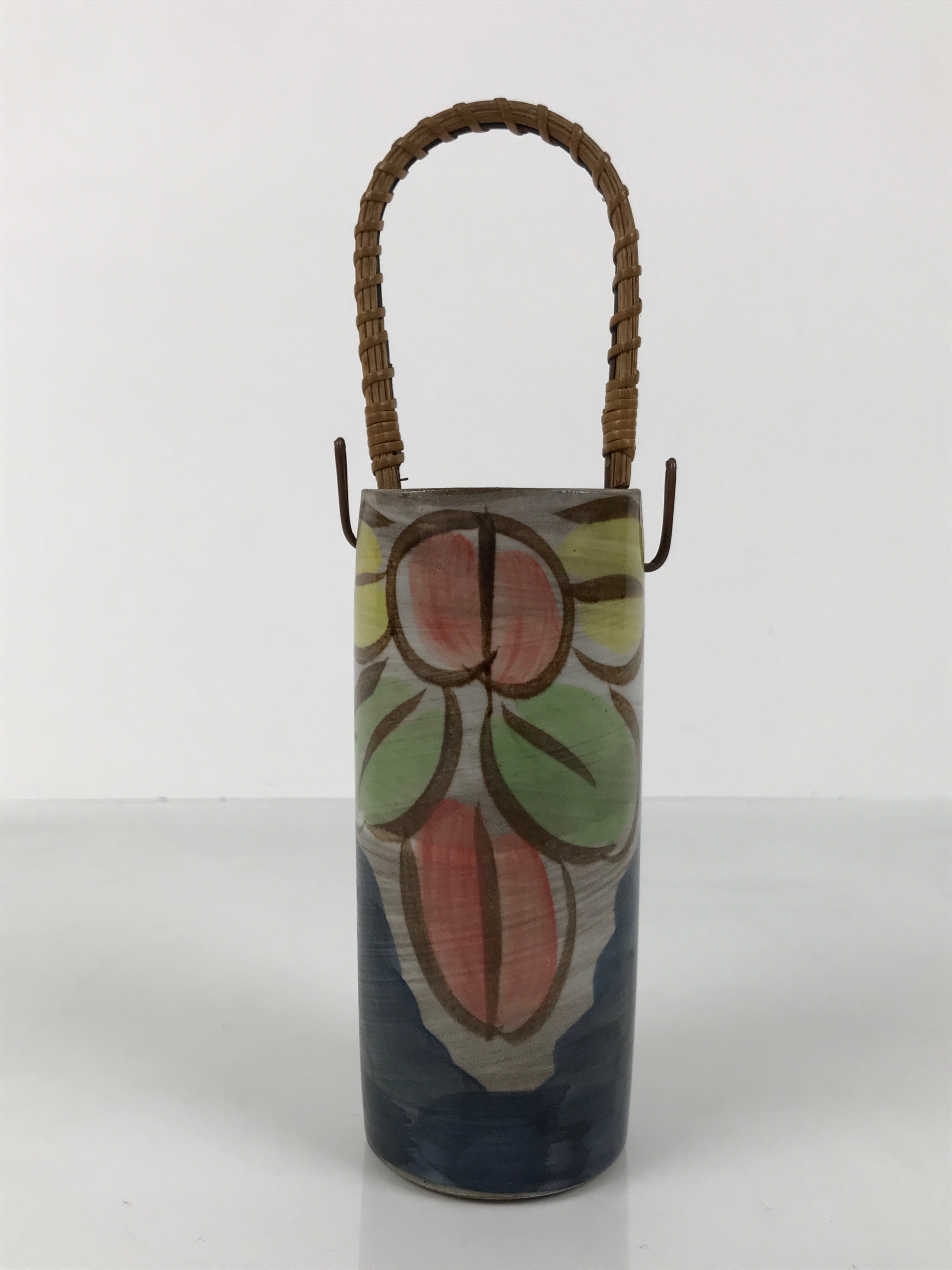 Japanese Ceramic Pottery Flower Vase Vtg Ikebana Kabin Bamboo Handle Pink FK205