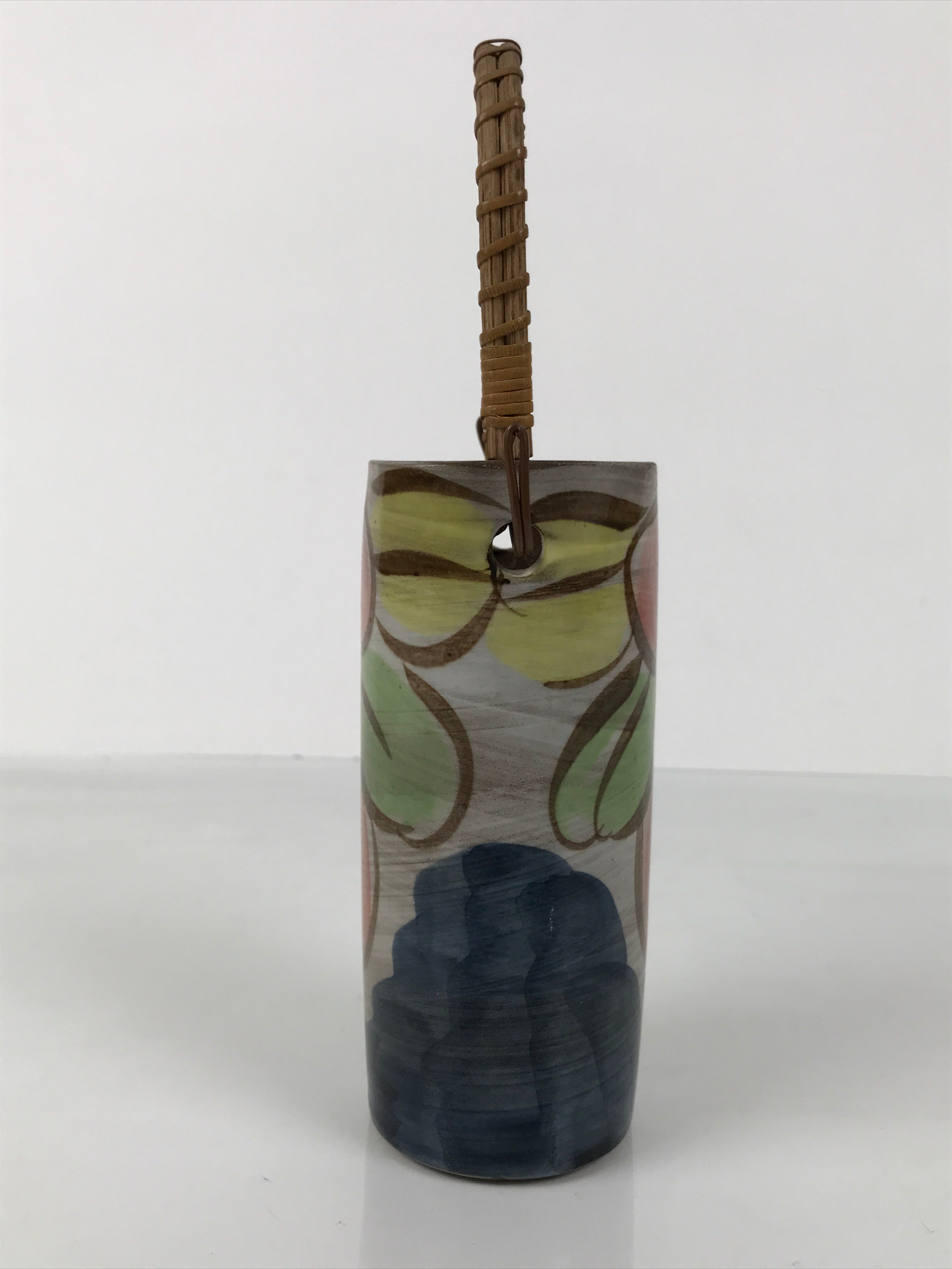 Japanese Ceramic Pottery Flower Vase Vtg Ikebana Kabin Bamboo Handle Pink FK205