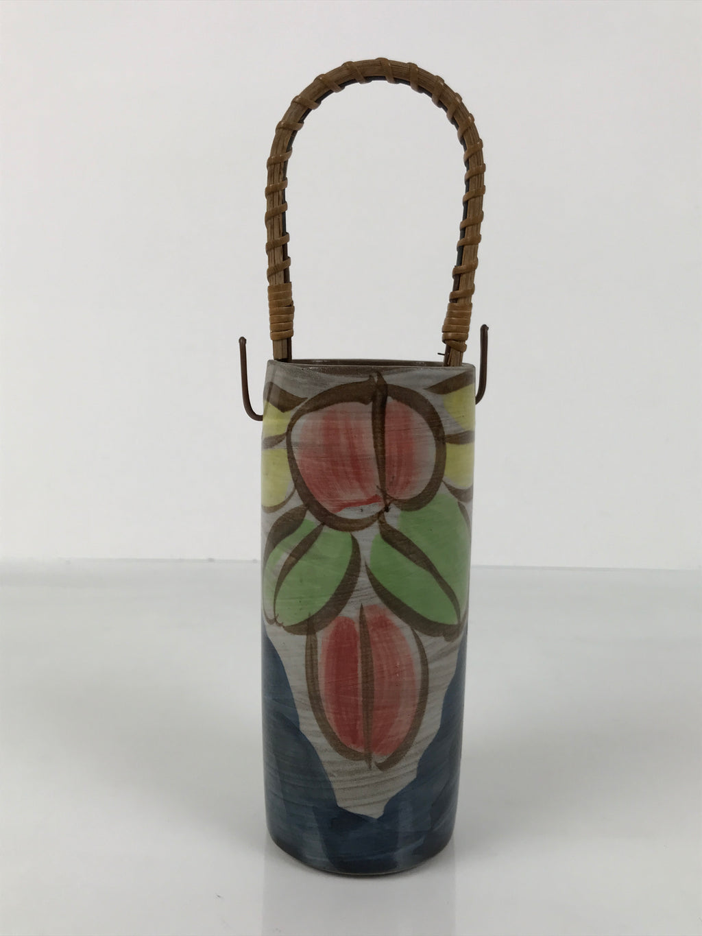 Japanese Ceramic Pottery Flower Vase Vtg Ikebana Kabin Bamboo Handle Pink FK205