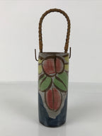 Japanese Ceramic Pottery Flower Vase Vtg Ikebana Kabin Bamboo Handle Pink FK205
