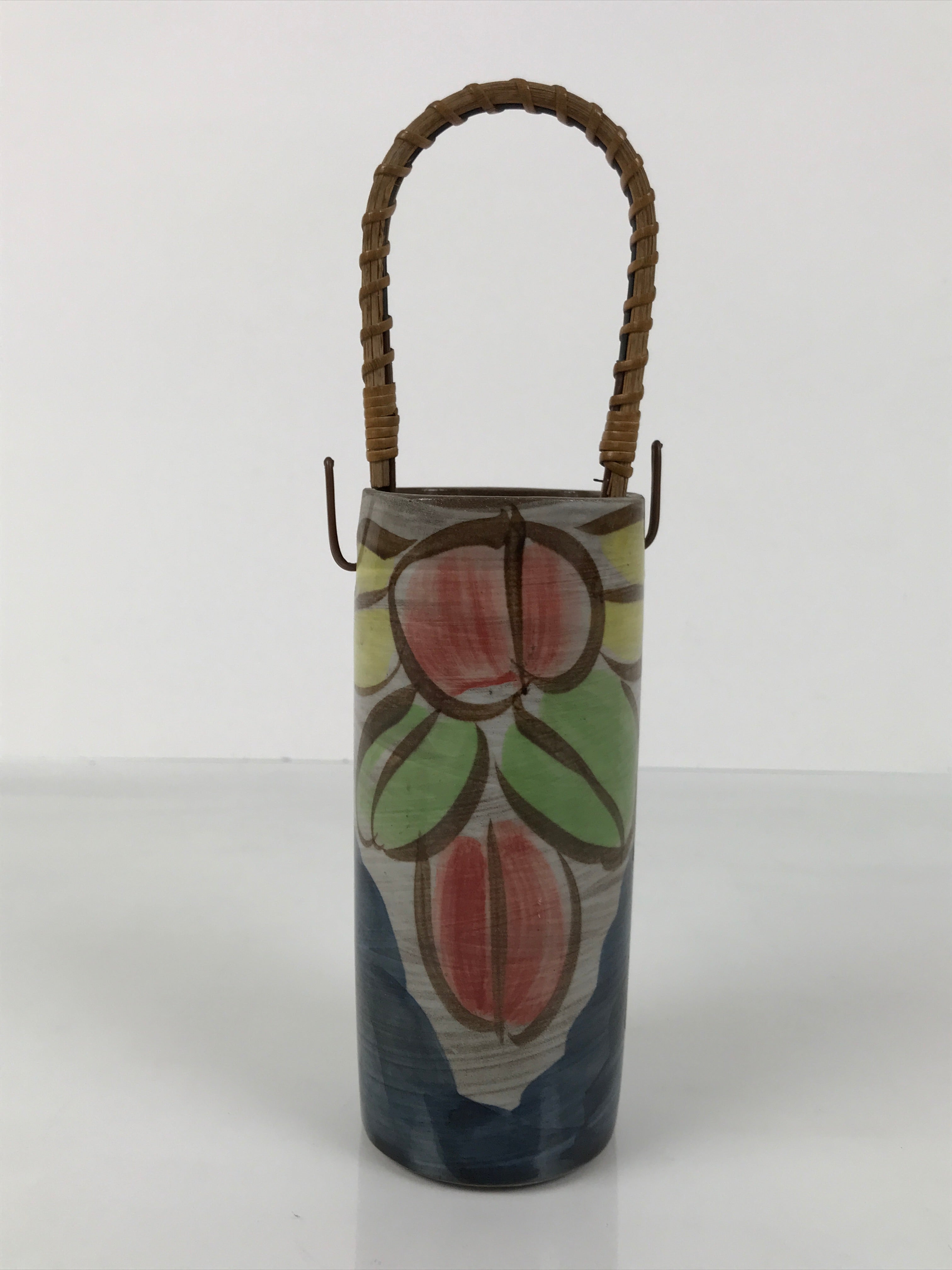 Japanese Ceramic Pottery Flower Vase Vtg Ikebana Kabin Bamboo Handle Pink FK205