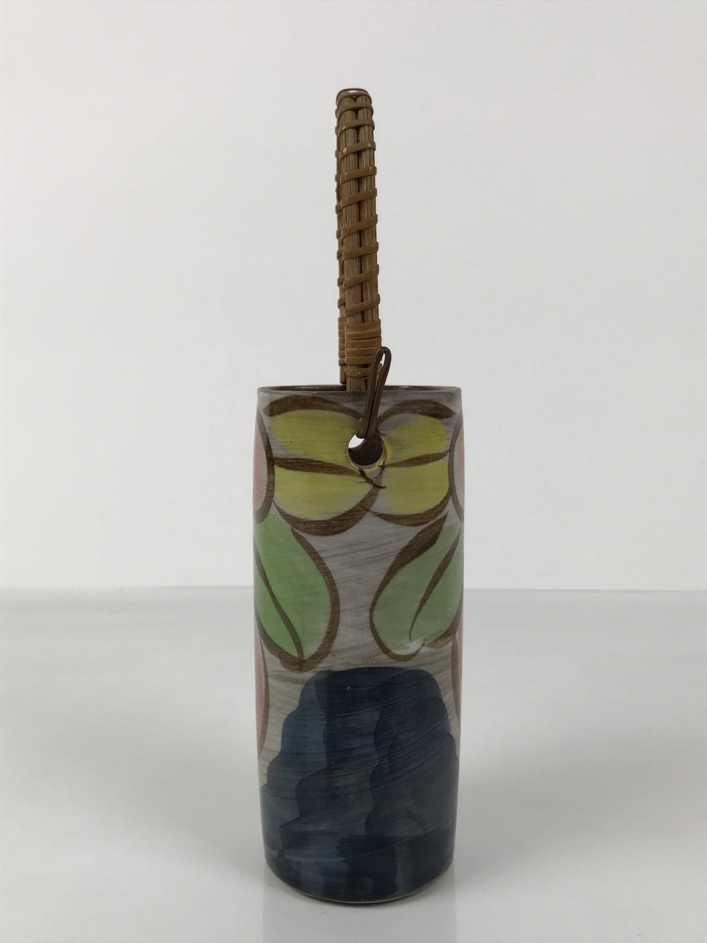 Japanese Ceramic Pottery Flower Vase Vtg Ikebana Kabin Bamboo Handle Pink FK205