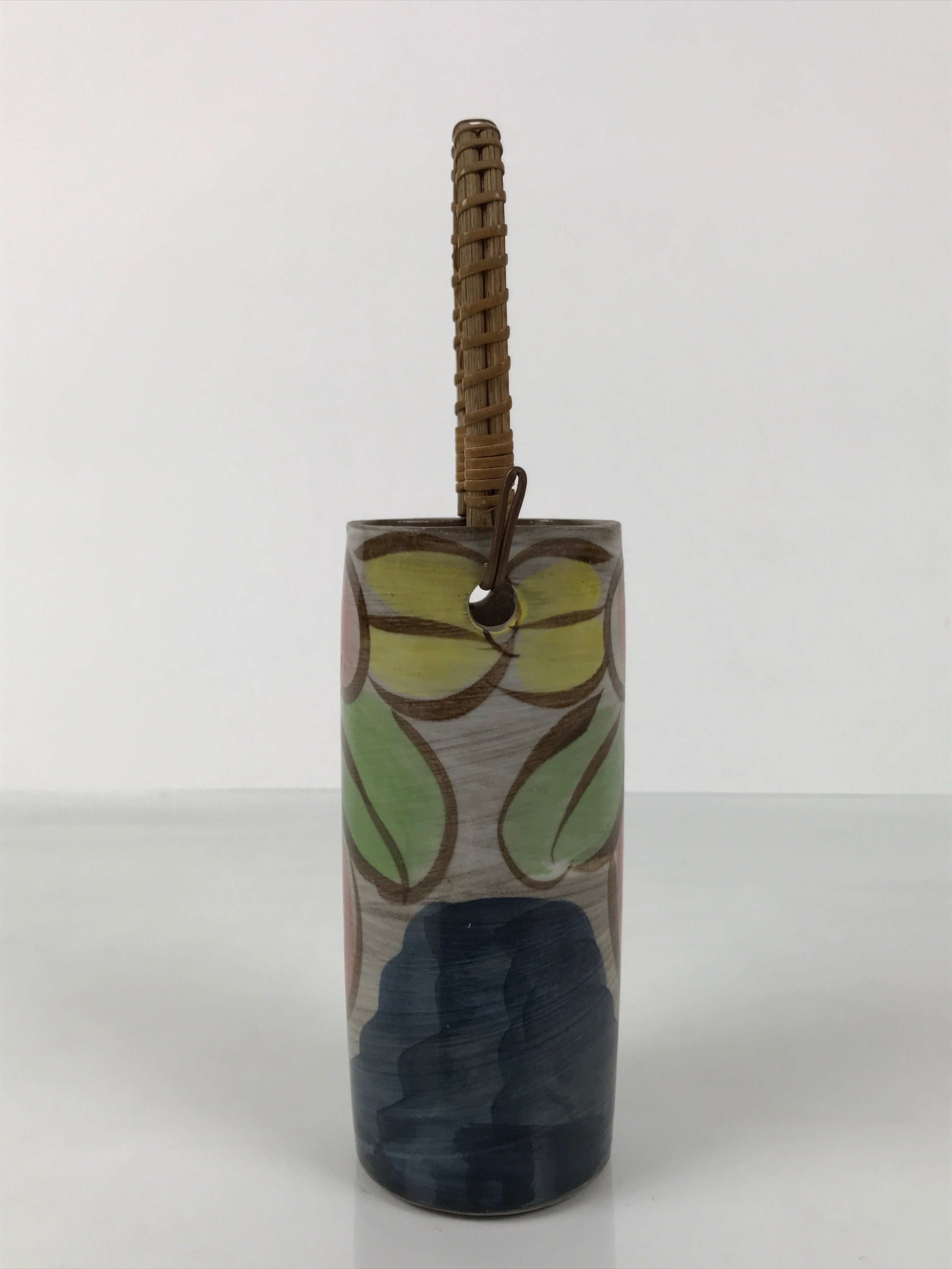 Japanese Ceramic Pottery Flower Vase Vtg Ikebana Kabin Bamboo Handle Pink FK205