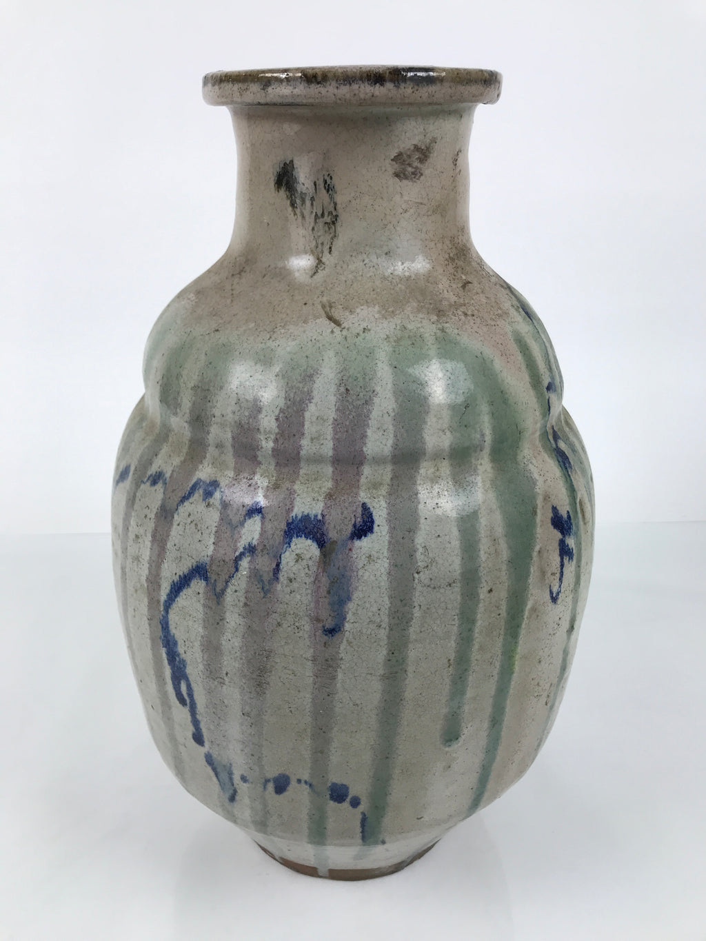 Japanese Ceramic Pottery Sake Bottle Vtg Large Pot Spout Gray Green Blue TS919