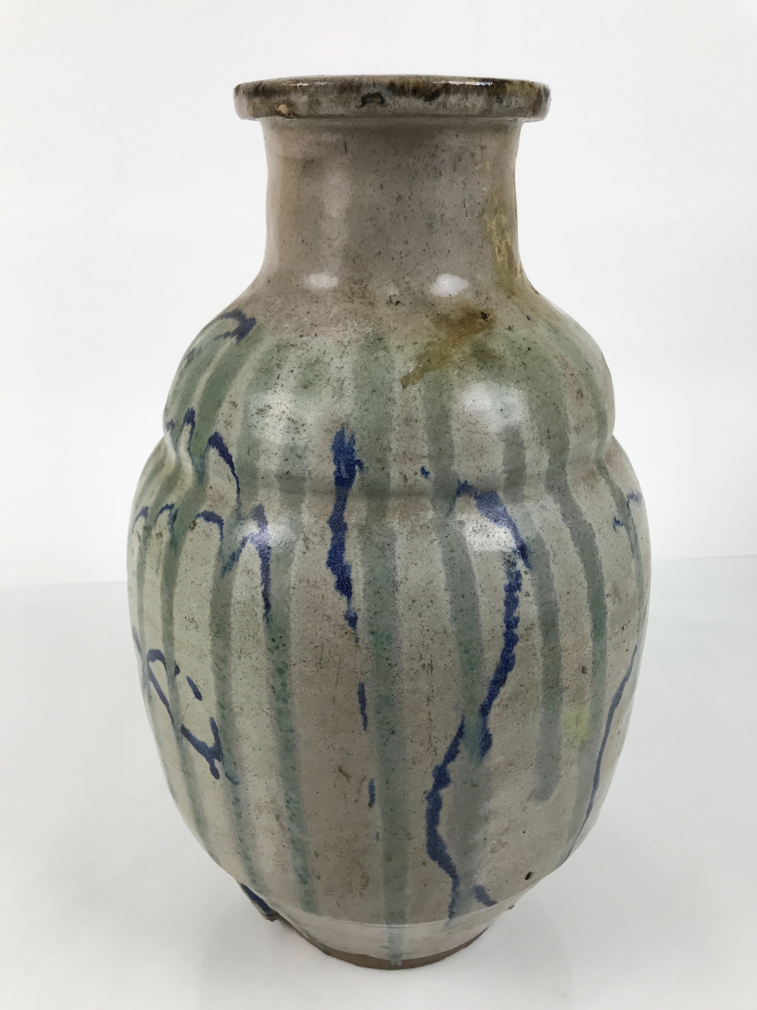 Japanese Ceramic Pottery Sake Bottle Vtg Large Pot Spout Gray Green Blue TS919
