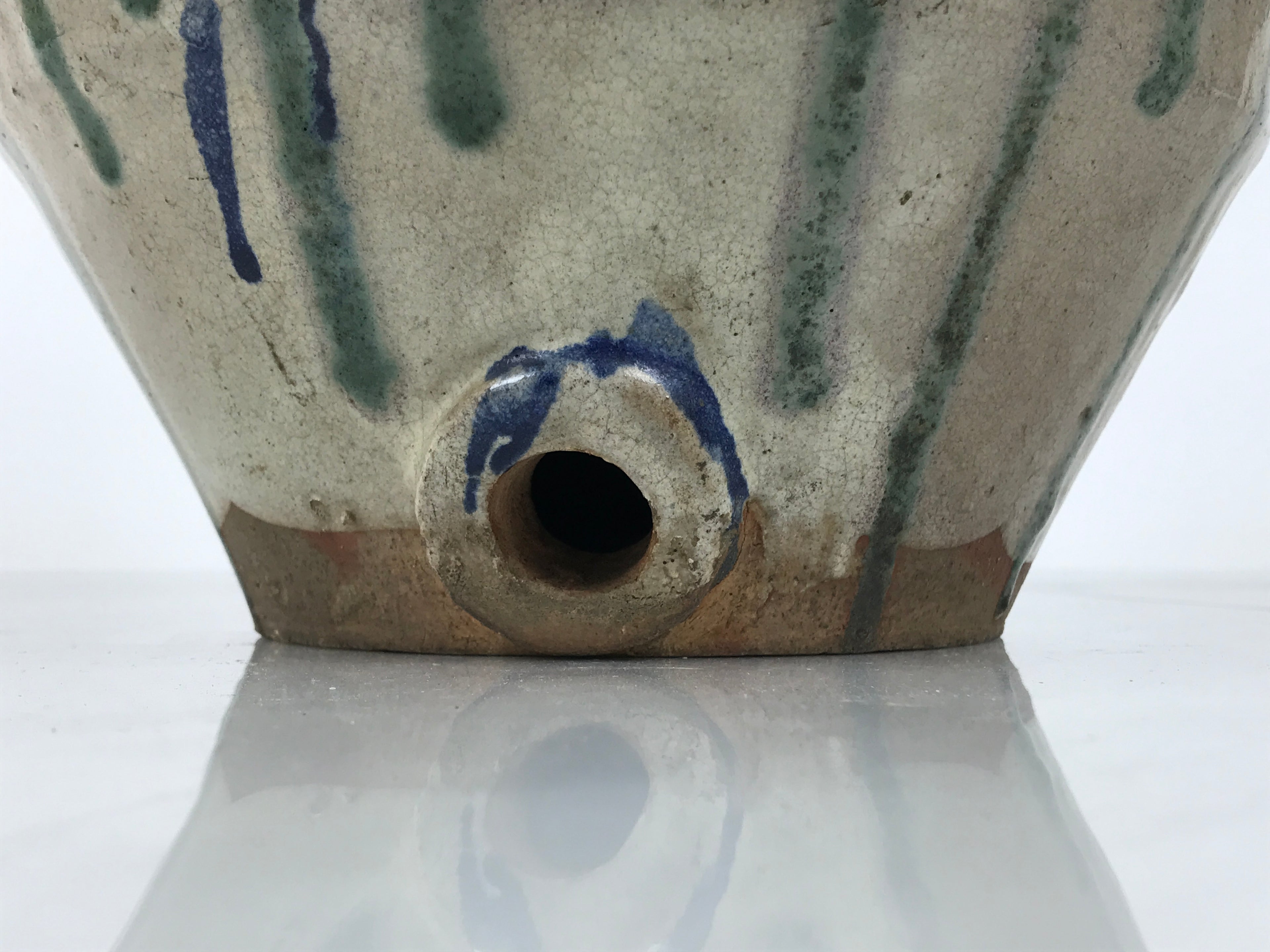 Japanese Ceramic Pottery Sake Bottle Vtg Large Pot Spout Gray Green Blue TS919