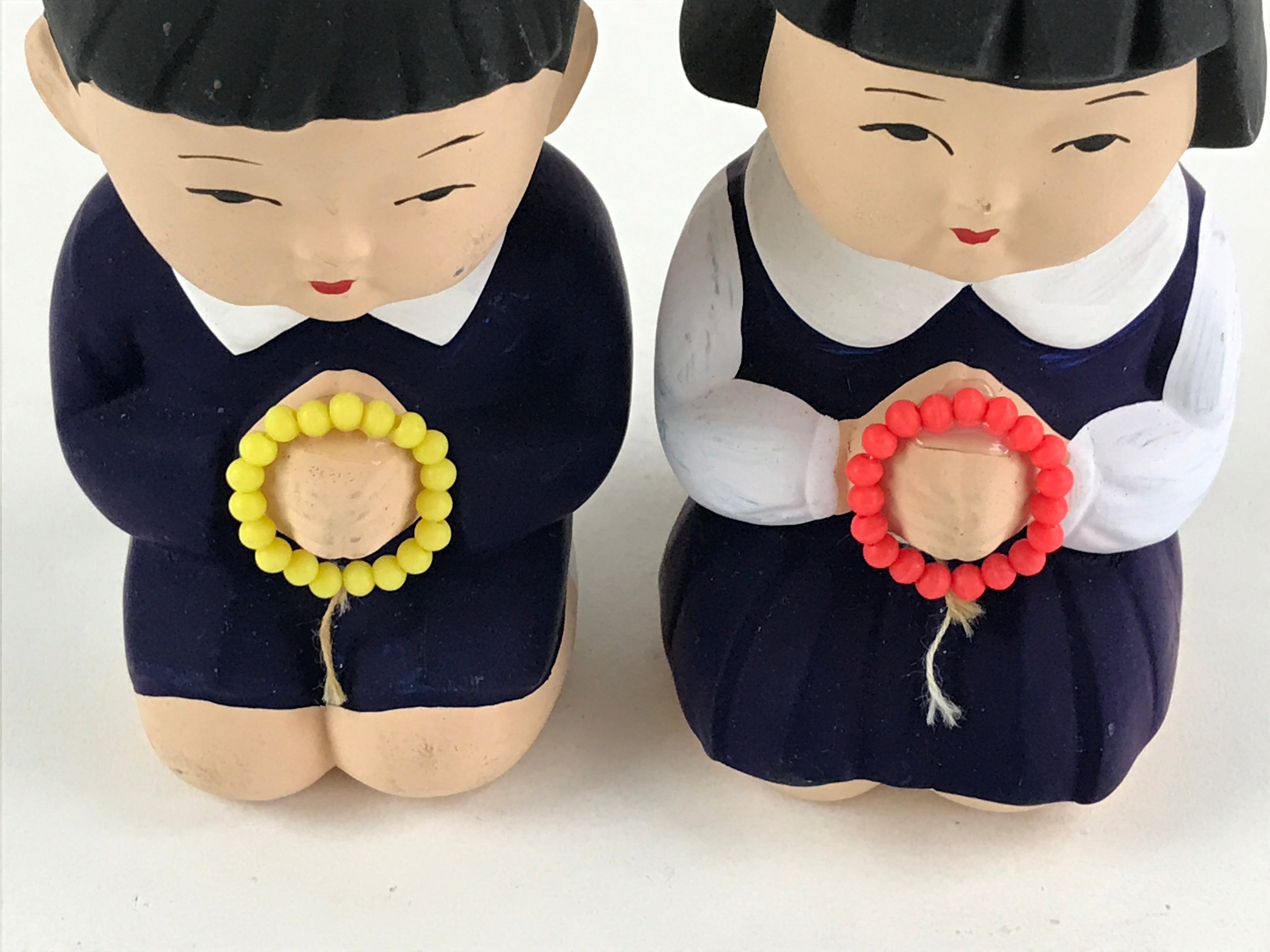 Japanese Ceramic Praying Boy Girl Figurines Vtg Decoration Juzu White Blue BD920