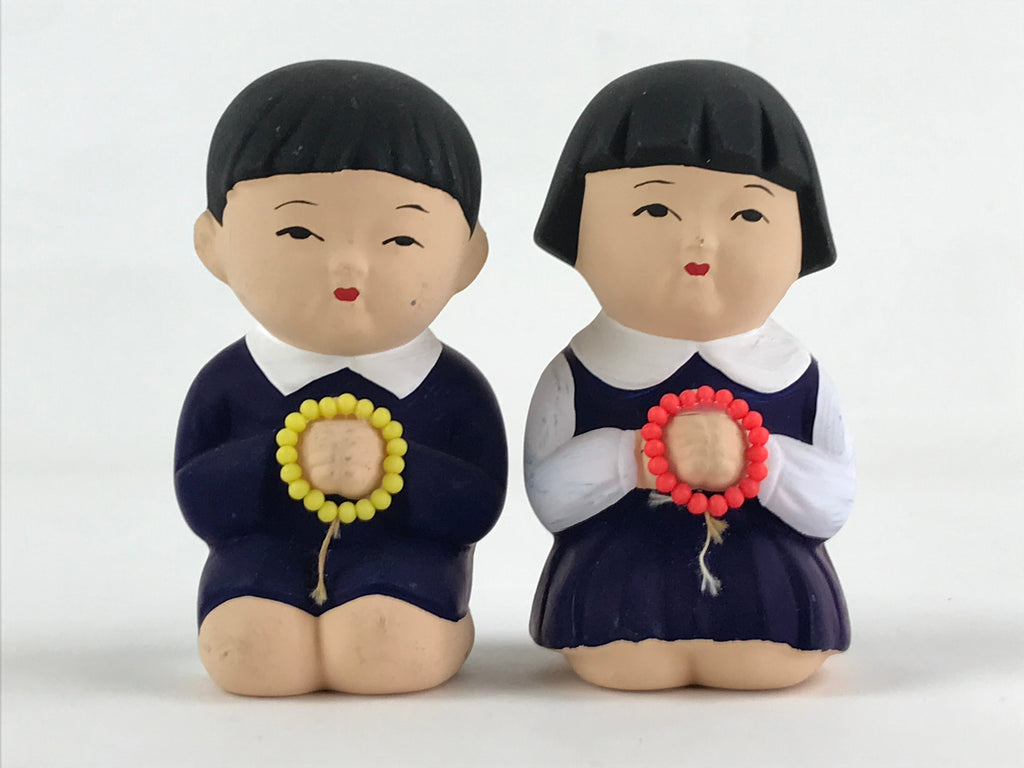 Japanese Ceramic Praying Boy Girl Figurines Vtg Decoration Juzu White Blue BD920