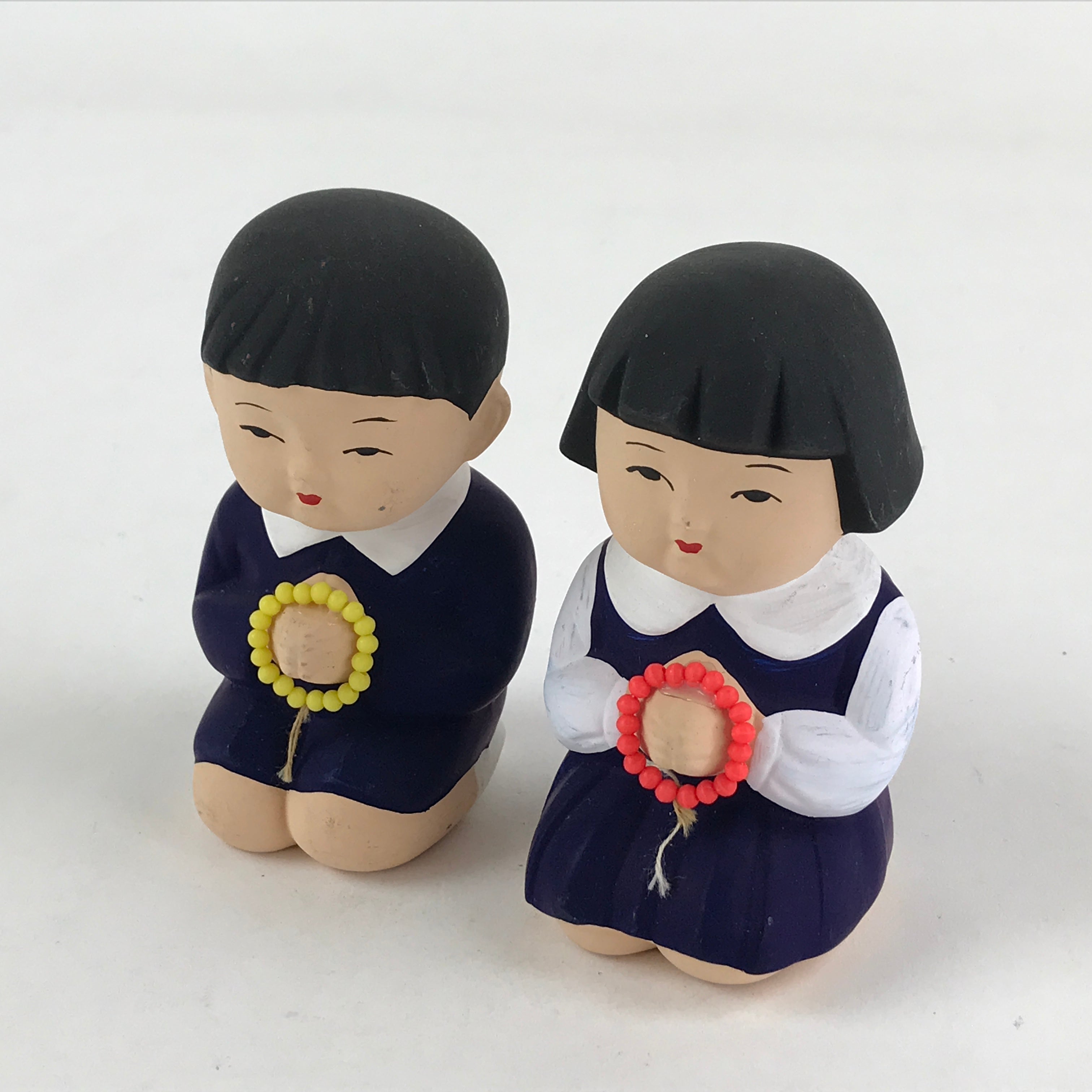Japanese Ceramic Praying Boy Girl Figurines Vtg Decoration Juzu White Blue BD920
