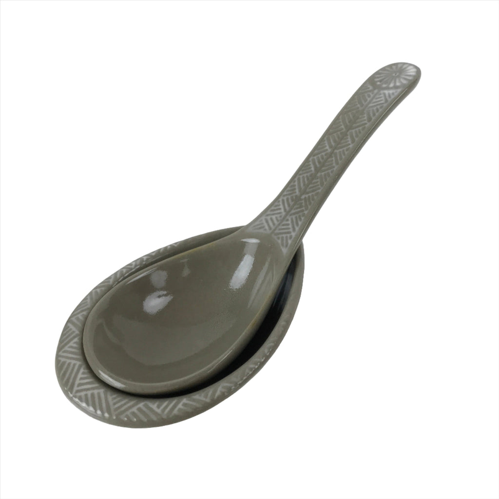 Japanese Ceramic Renge Spoon W/Stand Vtg Nabe Ramen Noodle Soup Gray PY877