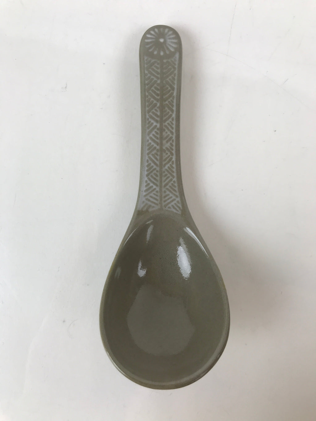 Japanese Ceramic Renge Spoon W/Stand Vtg Nabe Ramen Noodle Soup Gray PY878