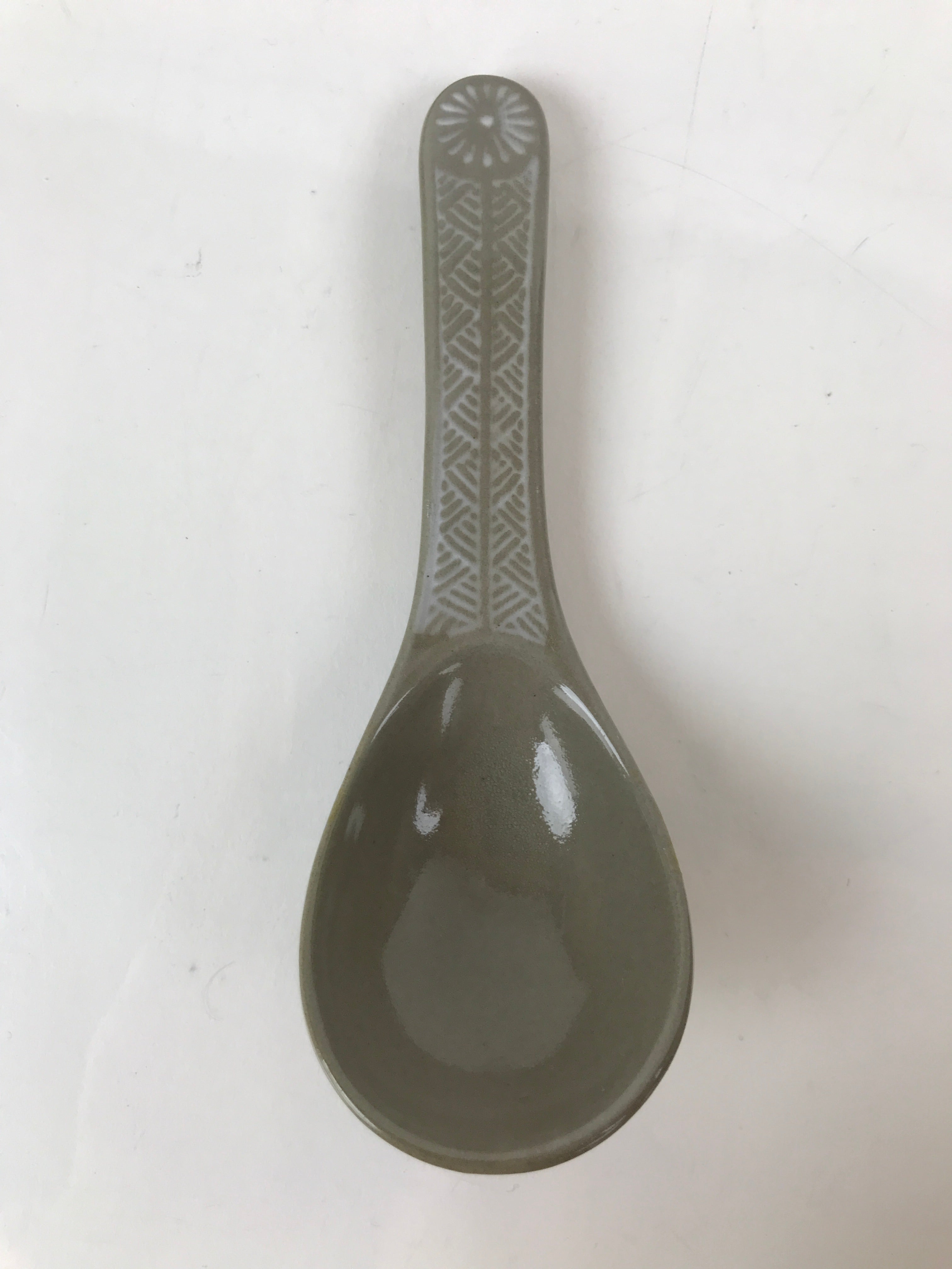Japanese Ceramic Renge Spoon W/Stand Vtg Nabe Ramen Noodle Soup Gray PY878