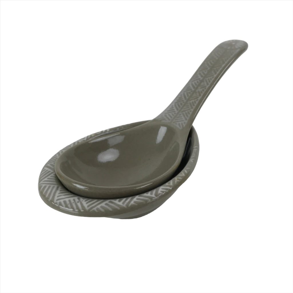 Japanese Ceramic Renge Spoon W/Stand Vtg Nabe Ramen Noodle Soup Gray PY878