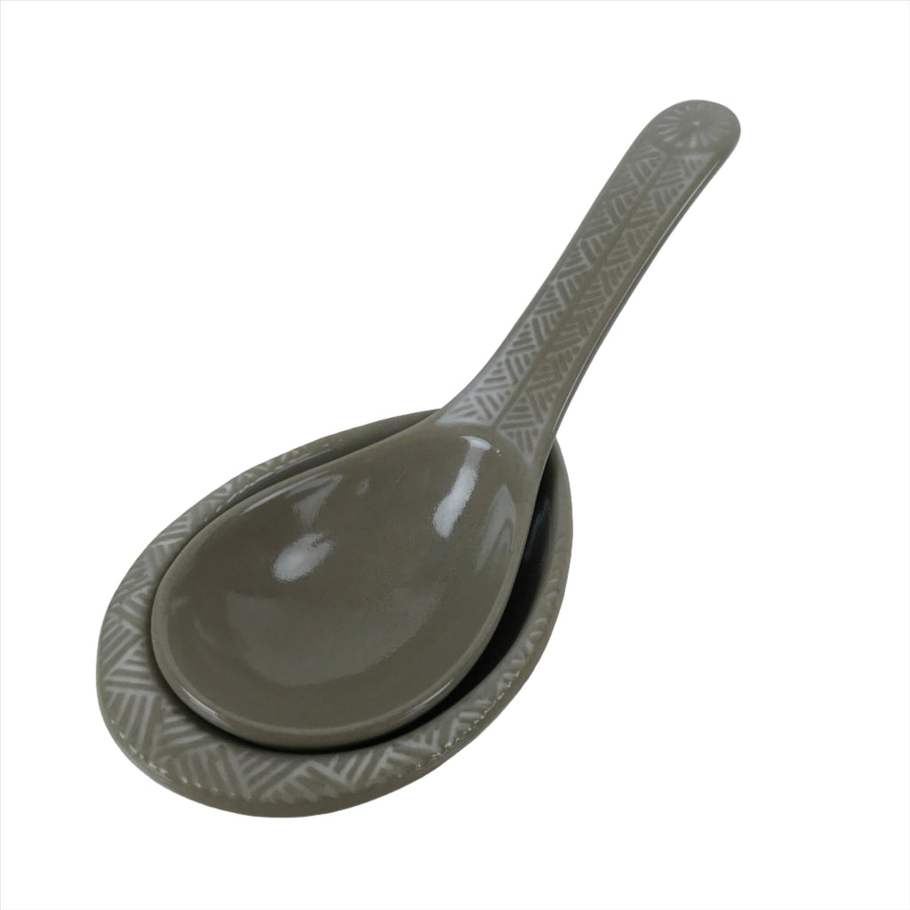 Japanese Ceramic Renge Spoon W/Stand Vtg Nabe Ramen Noodle Soup Gray PY879