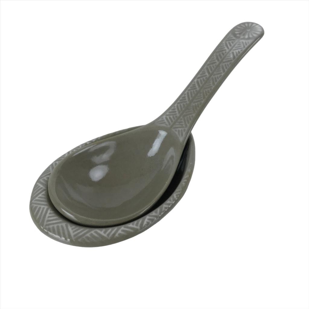 Japanese Ceramic Renge Spoon W/Stand Vtg Nabe Ramen Noodle Soup Gray PY880