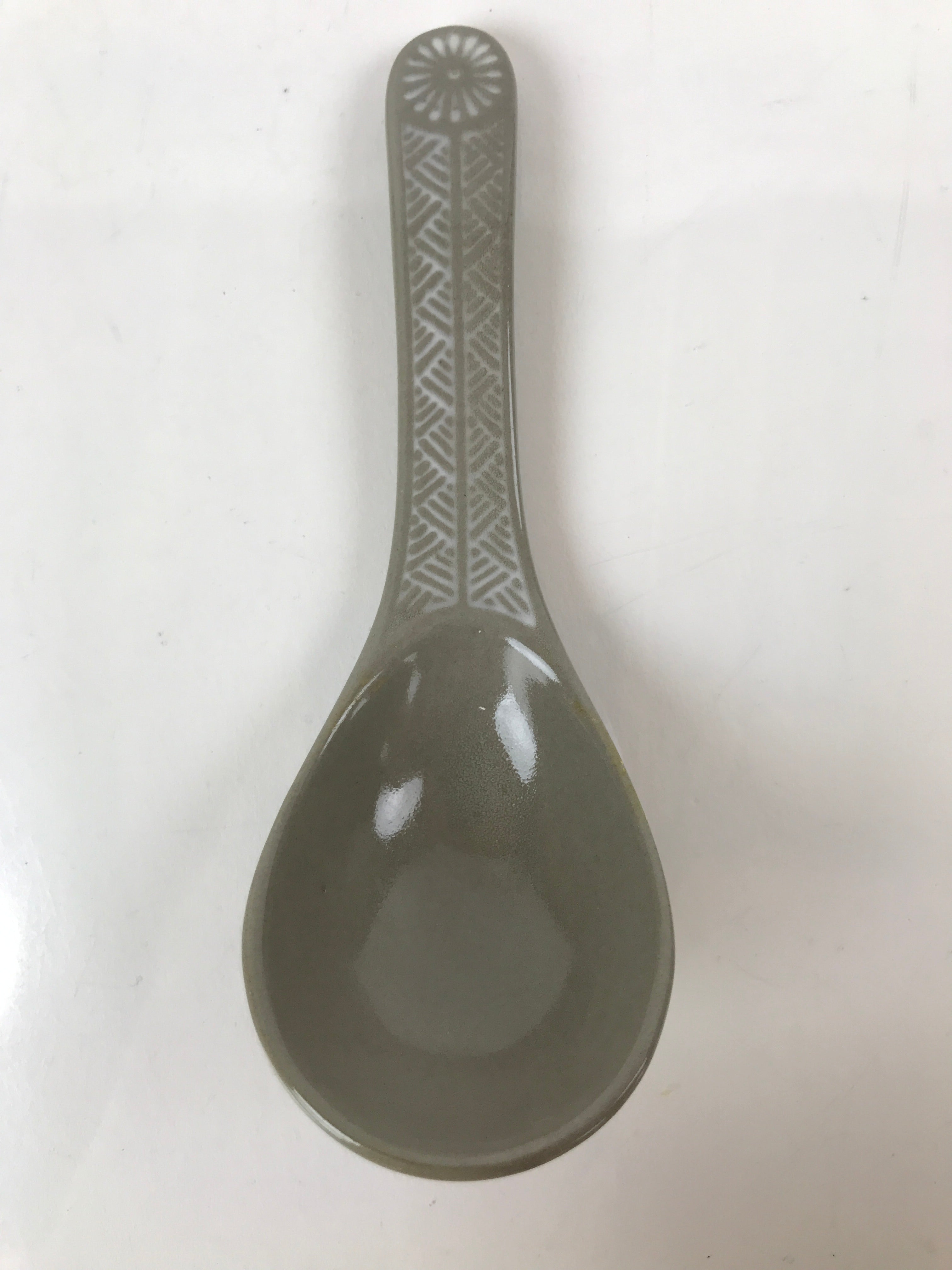 Japanese Ceramic Renge Spoon W/Stand Vtg Nabe Ramen Noodle Soup Gray PY882