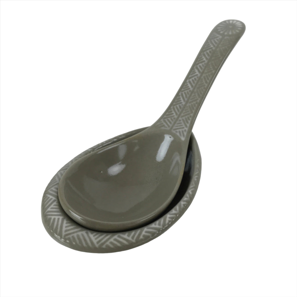 Japanese Ceramic Renge Spoon W/Stand Vtg Nabe Ramen Noodle Soup Gray PY882