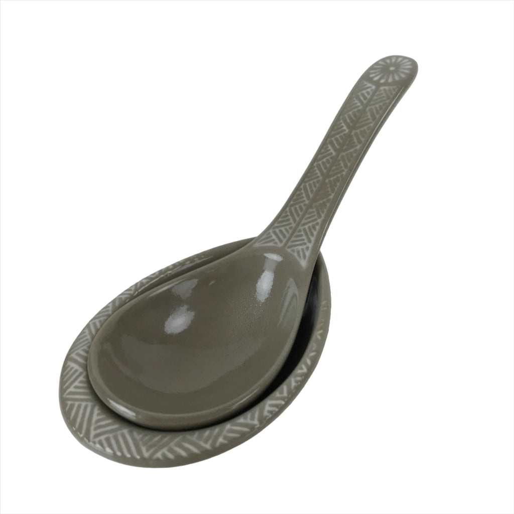 Japanese Ceramic Renge Spoon W/Stand Vtg Nabe Ramen Noodle Soup Gray PY883