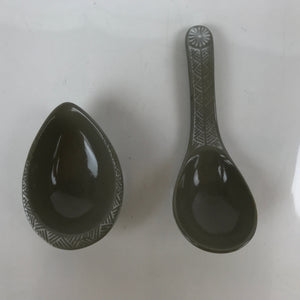 Japanese Ceramic Renge Spoon W/Stand Vtg Nabe Ramen Noodle Soup Gray PY885