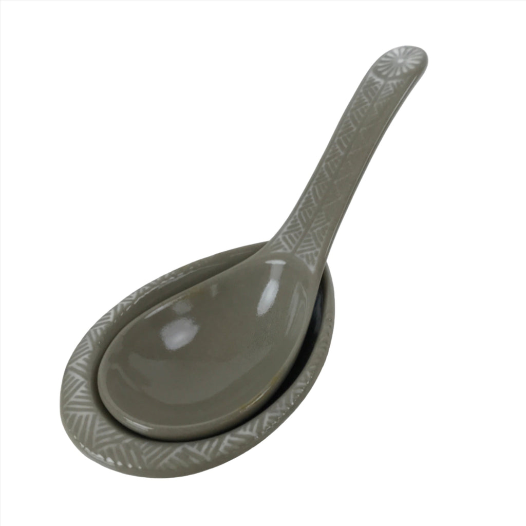 Japanese Ceramic Renge Spoon W/Stand Vtg Nabe Ramen Noodle Soup Gray PY885