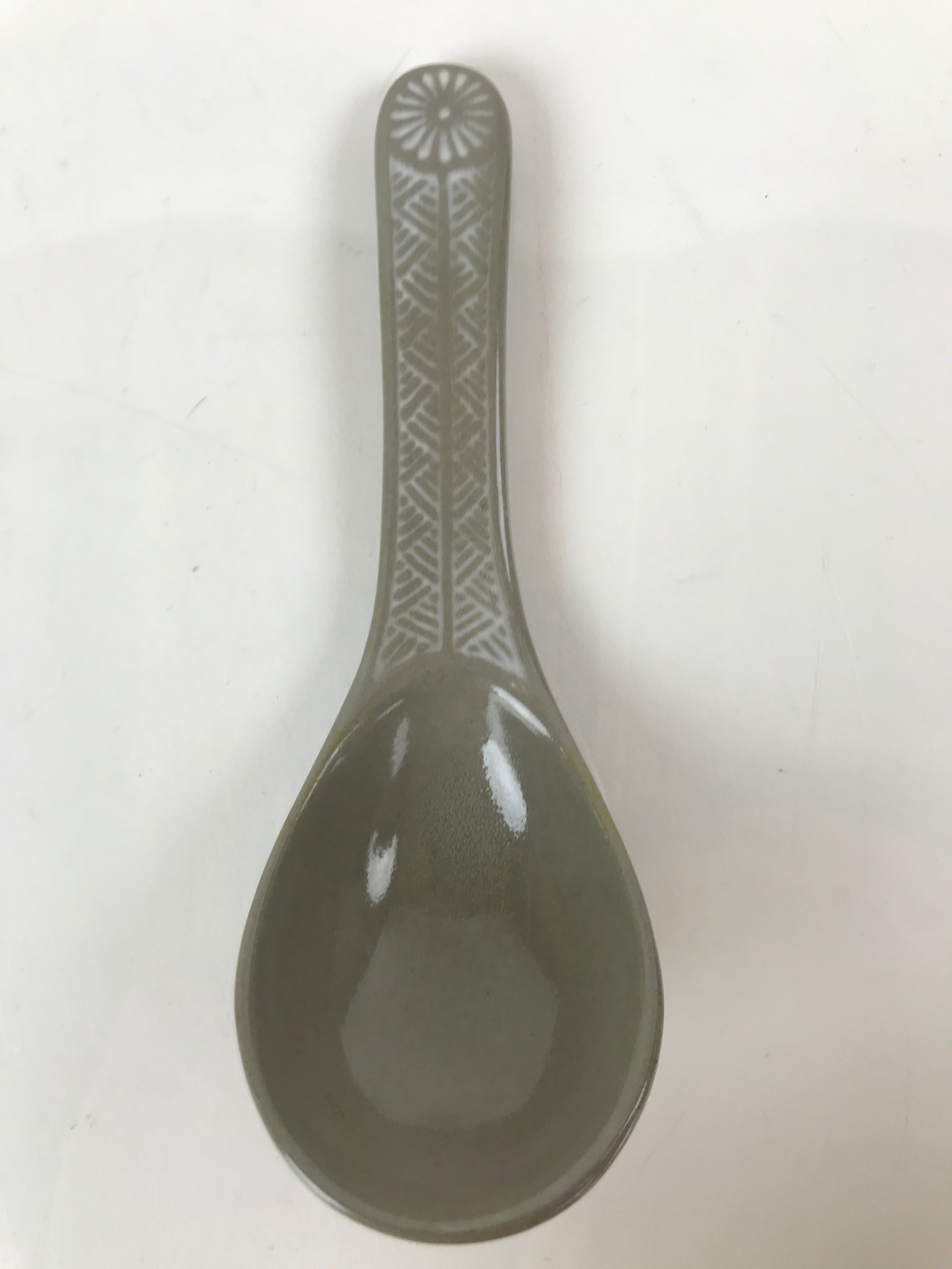 Japanese Ceramic Renge Spoon W/Stand Vtg Nabe Ramen Noodle Soup Gray PY886