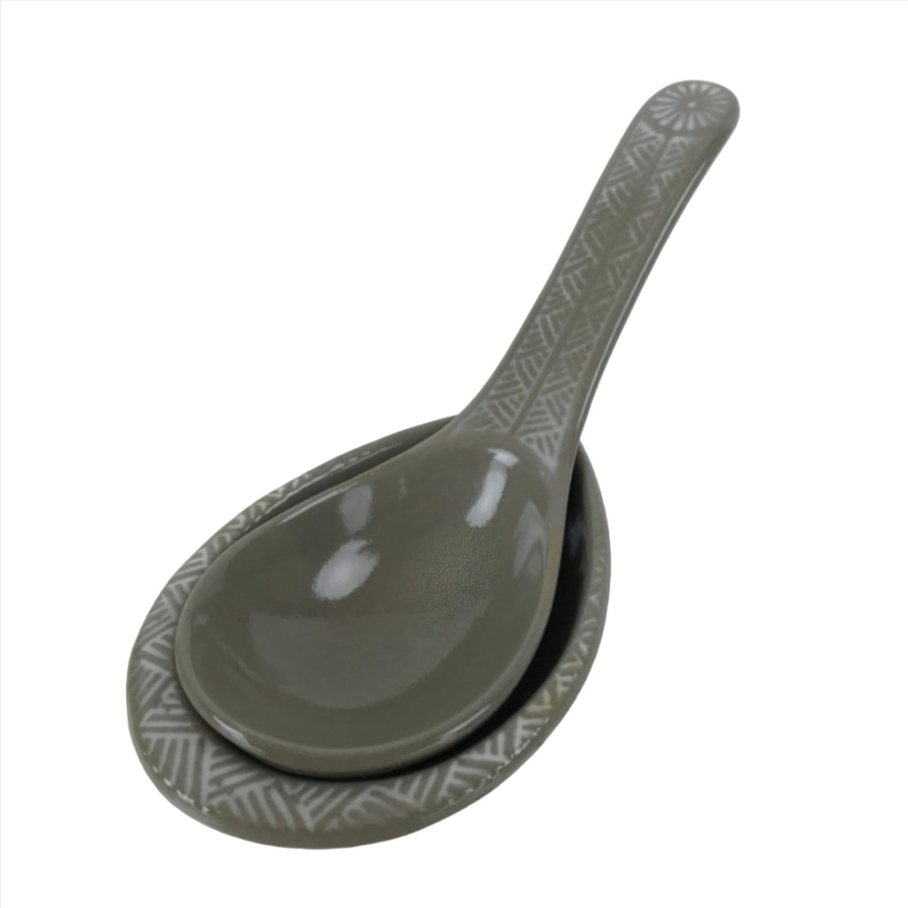 Japanese Ceramic Renge Spoon W/Stand Vtg Nabe Ramen Noodle Soup Gray PY886