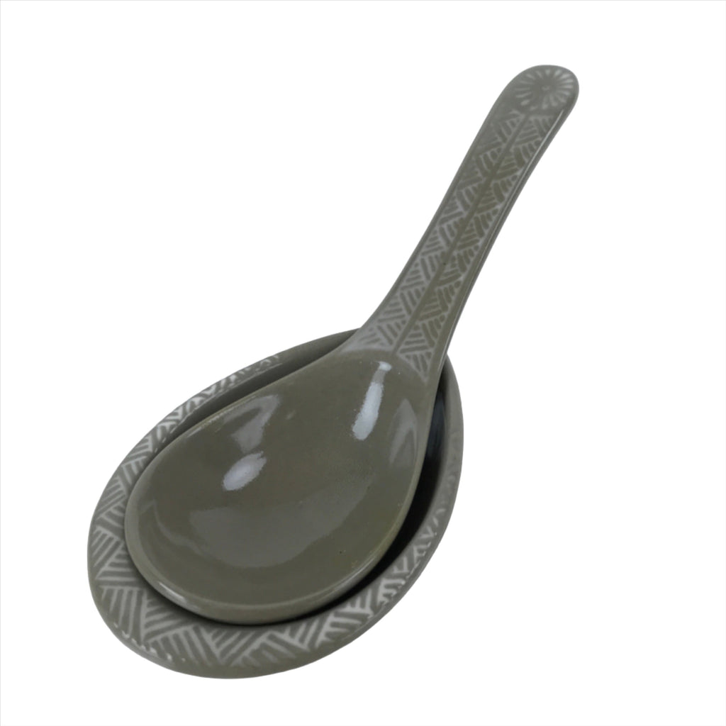 Japanese Ceramic Renge Spoon W/Stand Vtg Nabe Ramen Noodle Soup Gray PY887