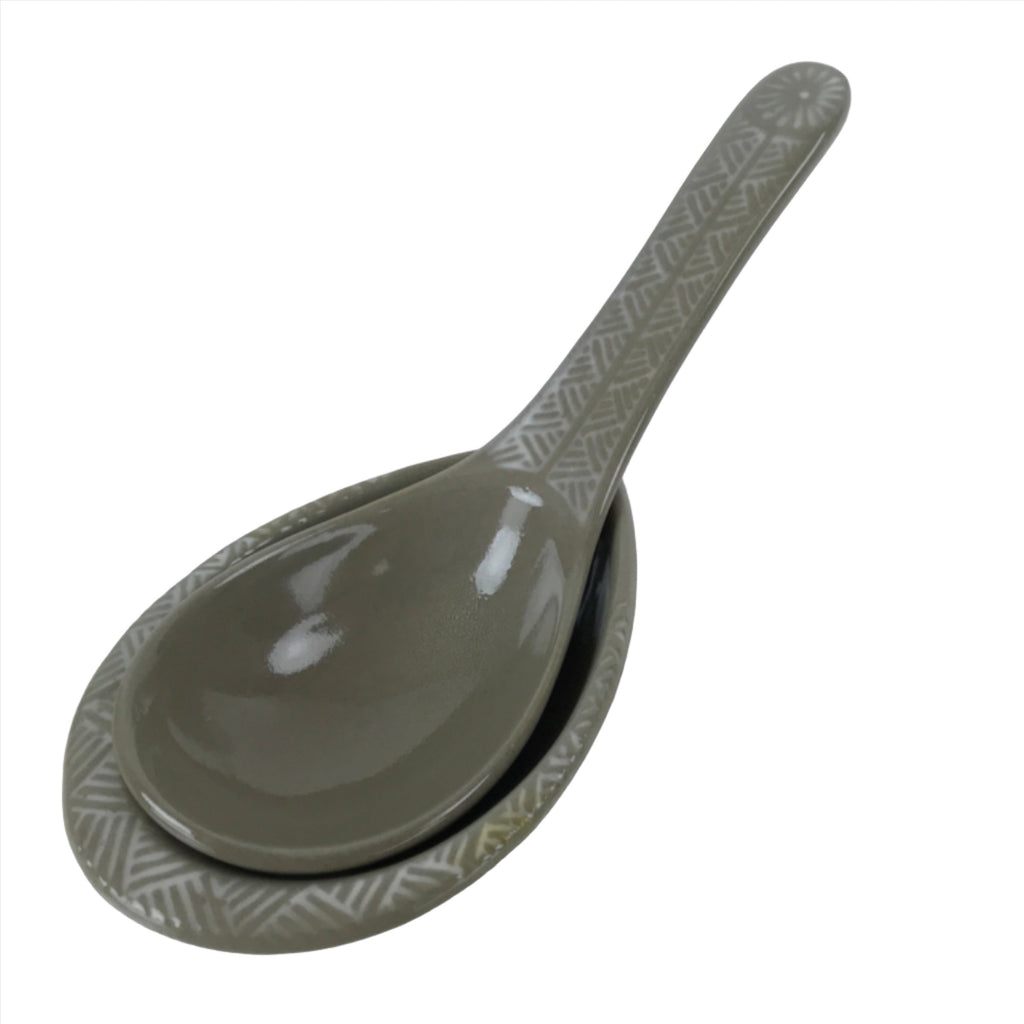 Japanese Ceramic Renge Spoon W/Stand Vtg Nabe Ramen Noodle Soup Gray PY888
