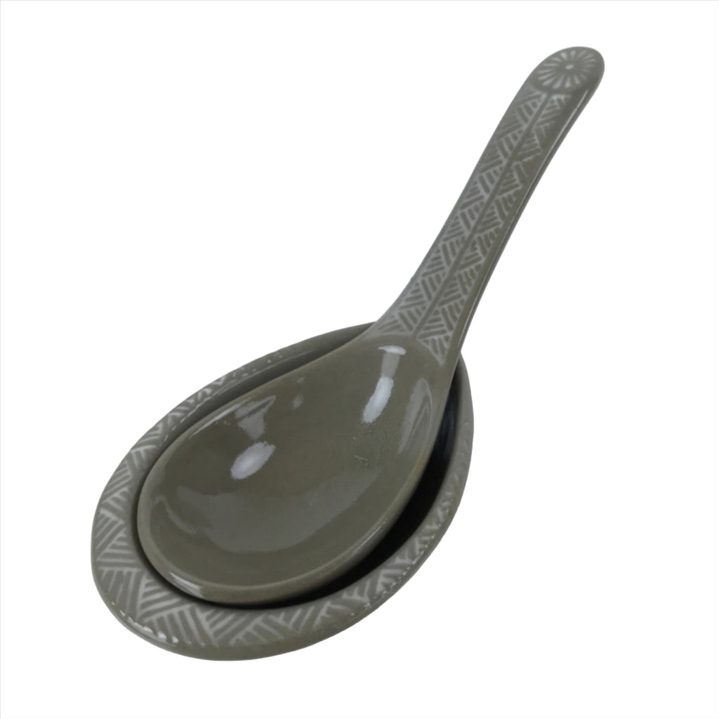 Japanese Ceramic Renge Spoon W/Stand Vtg Nabe Ramen Noodle Soup Gray PY889