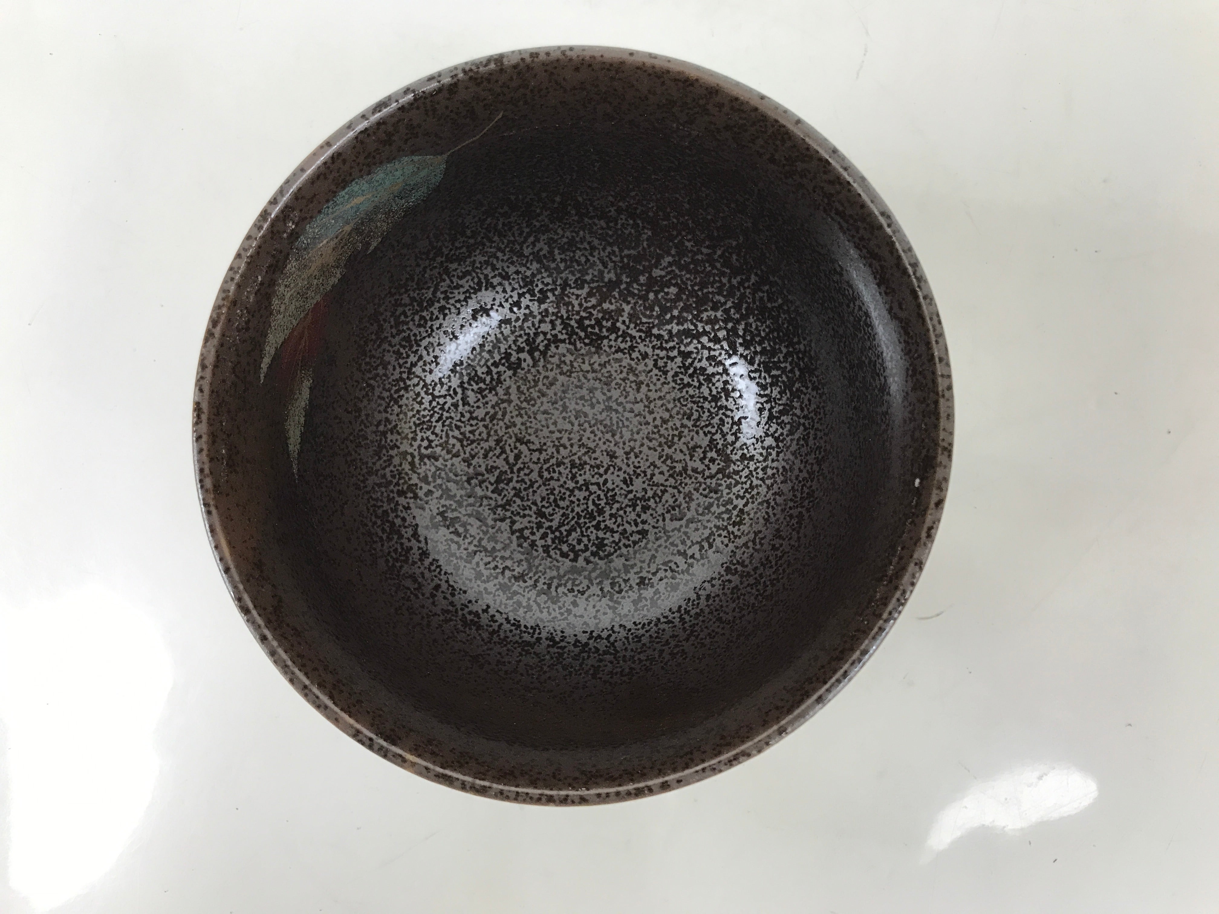 Japanese Ceramic Rice Bowl Donburi Dish Vtg Tenmoku Spot Pattern Leaf Brown Y427