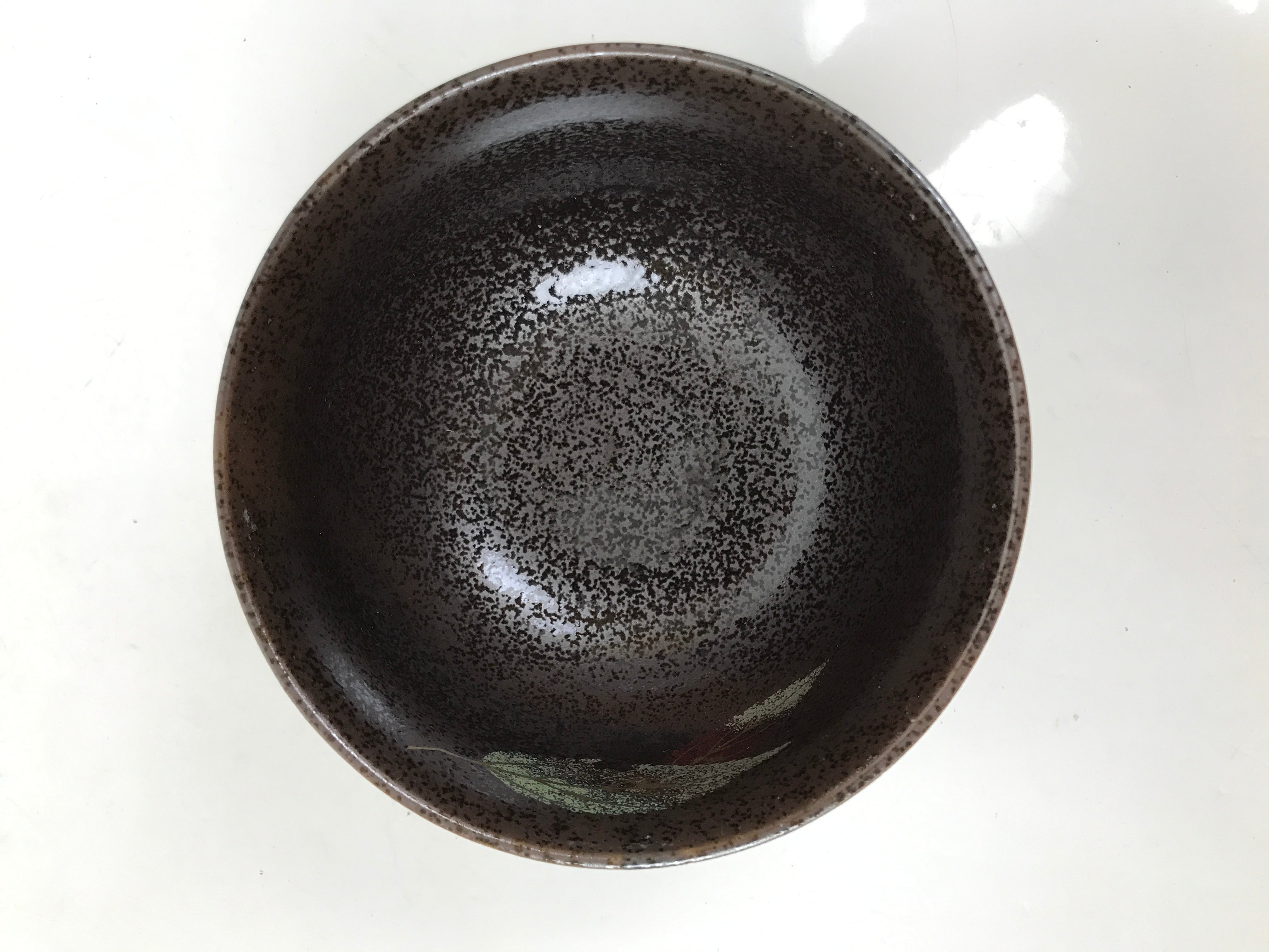 Japanese Ceramic Rice Bowl Donburi Dish Vtg Tenmoku Spot Pattern Leaf Brown Y428