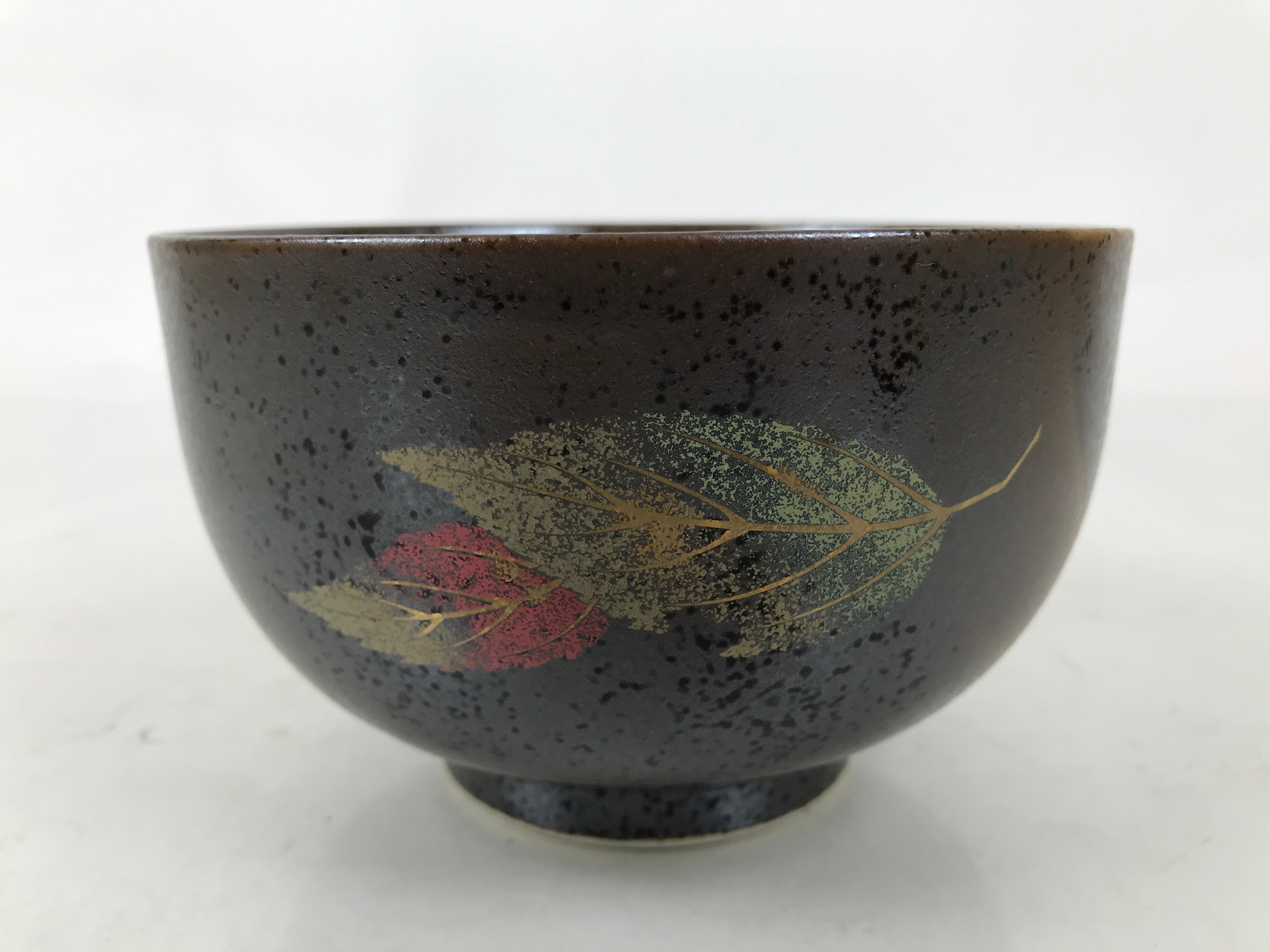 Japanese Ceramic Rice Bowl Donburi Dish Vtg Tenmoku Spot Pattern Leaf Brown Y429