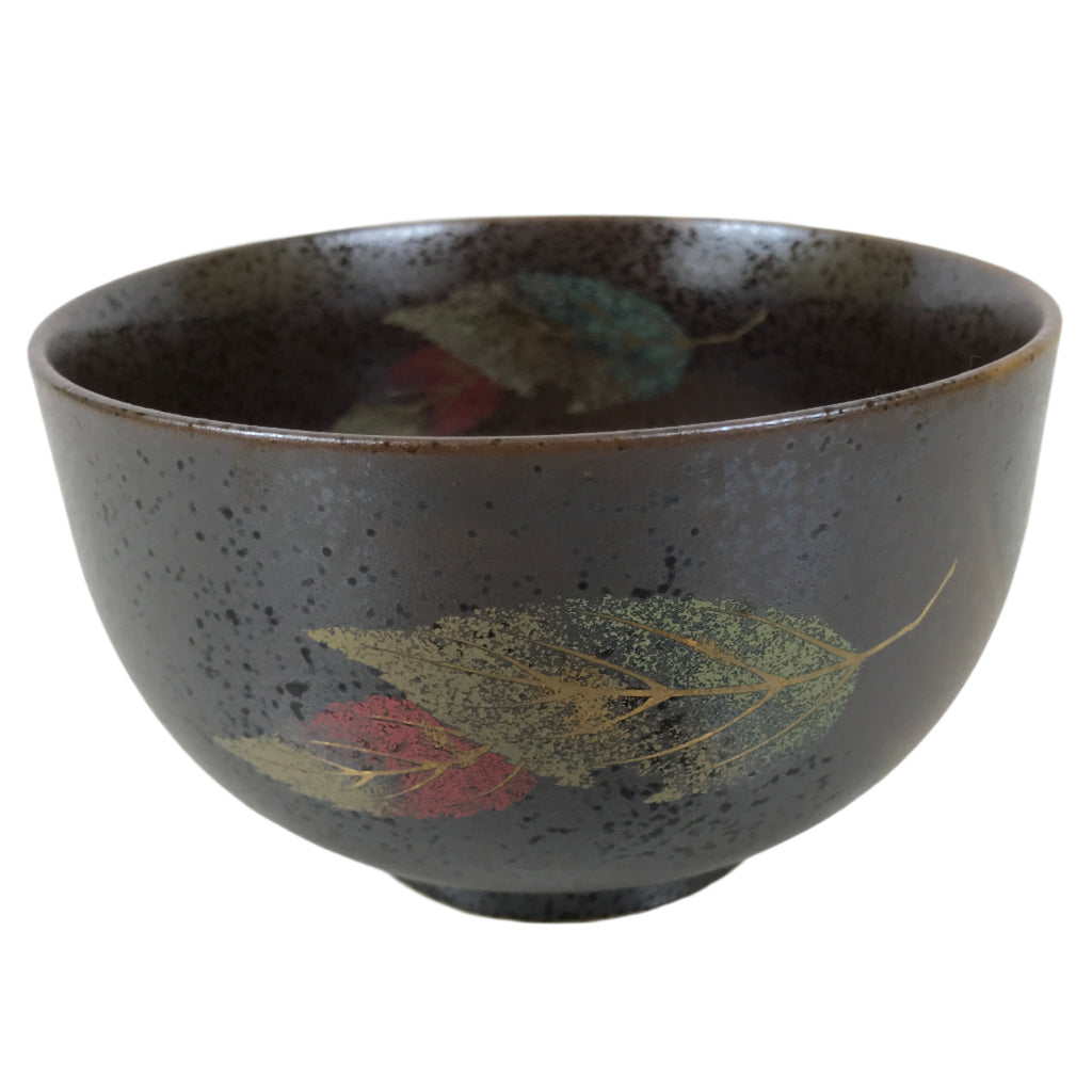 Japanese Ceramic Rice Bowl Donburi Dish Vtg Tenmoku Spot Pattern Leaf Brown Y429