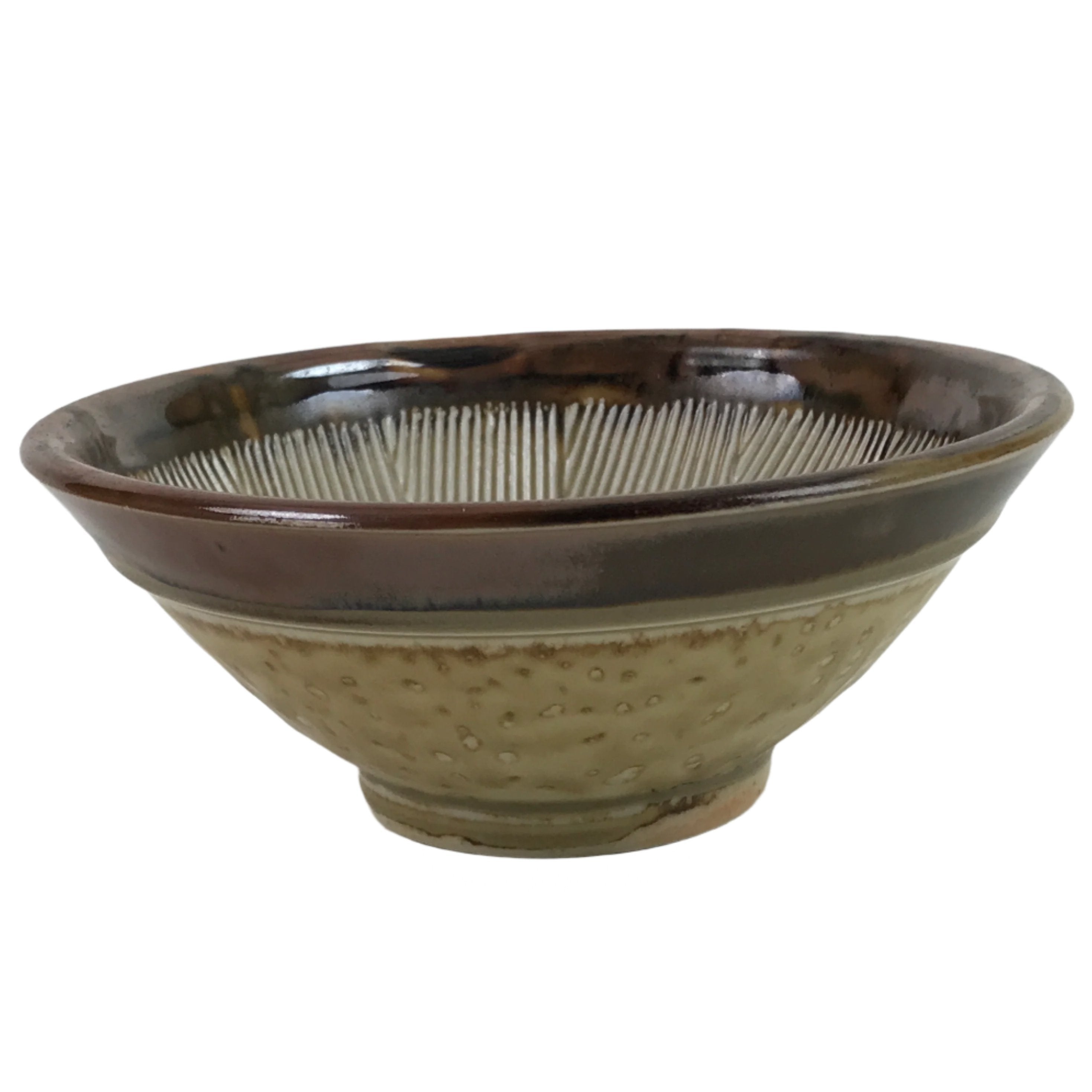 Japanese Ceramic Rice Bowl Owan Vtg Kobachi Textured Suribachi Style Brown Y95