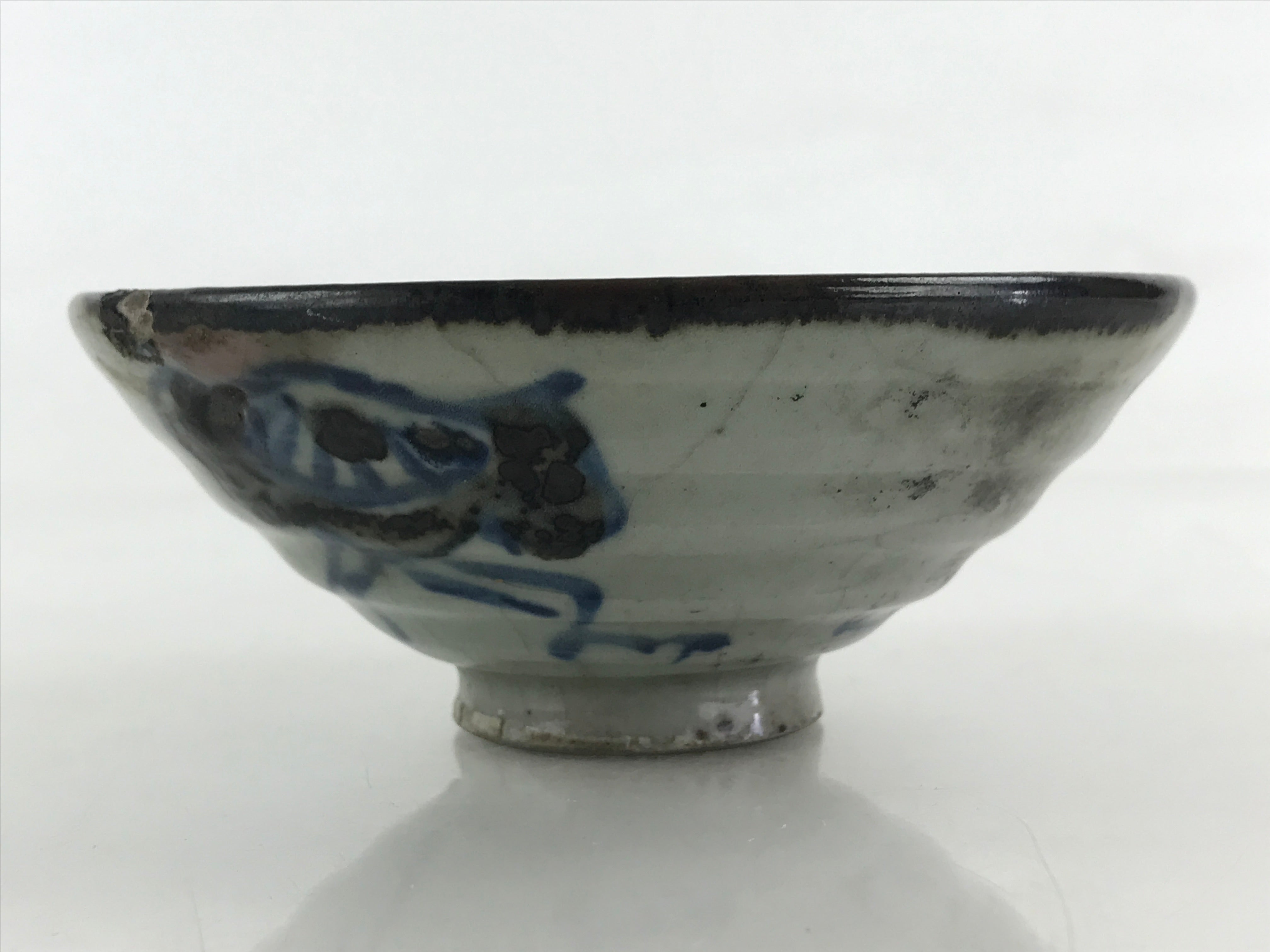 Japanese Ceramic Rice Bowl Vtg Chawan Pottery Yakimono Gray Cracked Glaze PY438