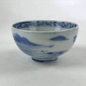 Japanese Ceramic Rice Bowl Vtg White Blue Landscape Chawan Pottery PY556