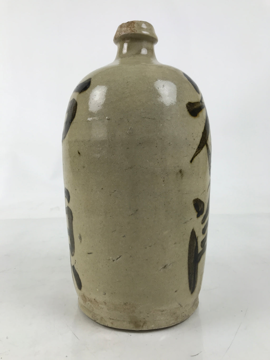 Japanese Ceramic Sake Bottle Kayoi-Tokkuri Vtg Beige Dark Brown Kanji TS787