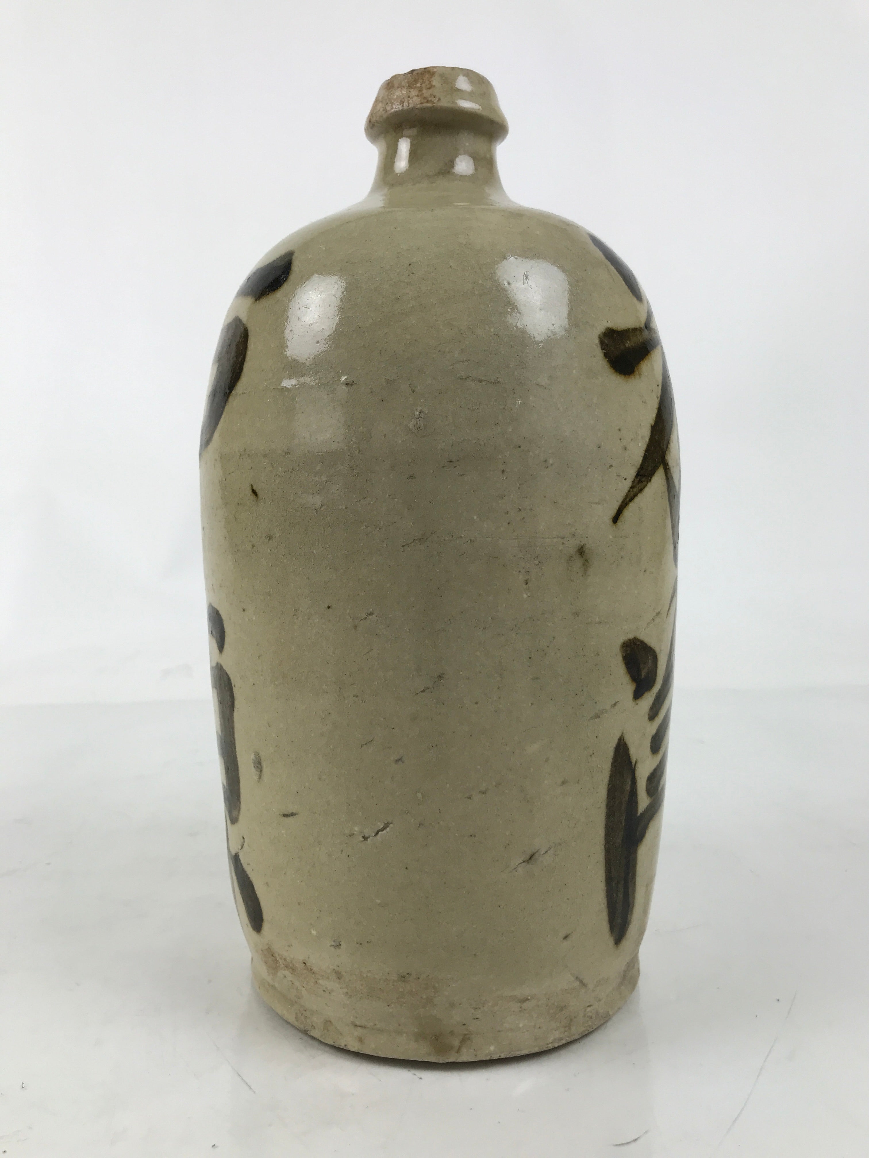 Japanese Ceramic Sake Bottle Kayoi-Tokkuri Vtg Beige Dark Brown Kanji TS787