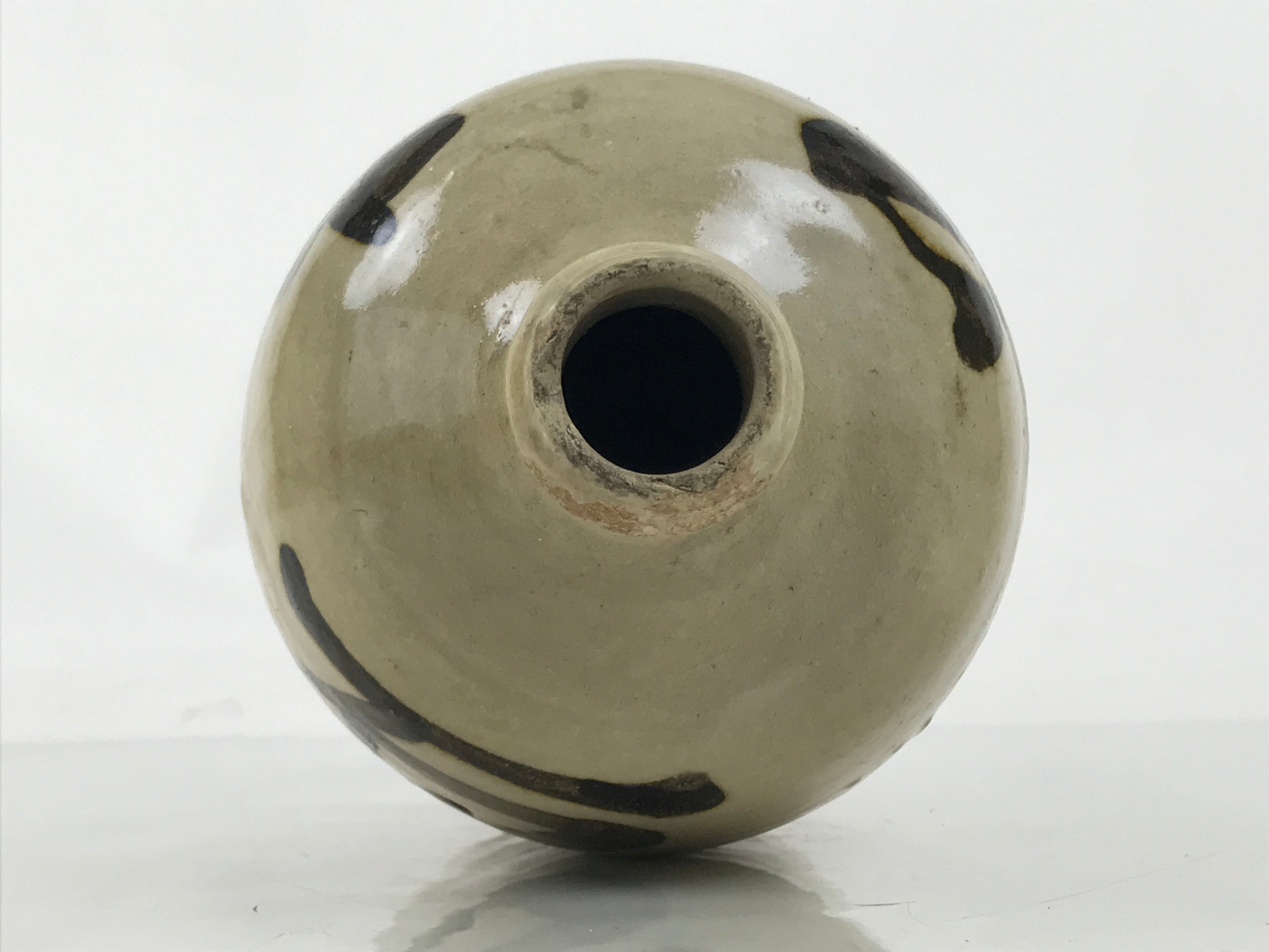Japanese Ceramic Sake Bottle Kayoi-Tokkuri Vtg Beige Dark Brown Kanji TS787