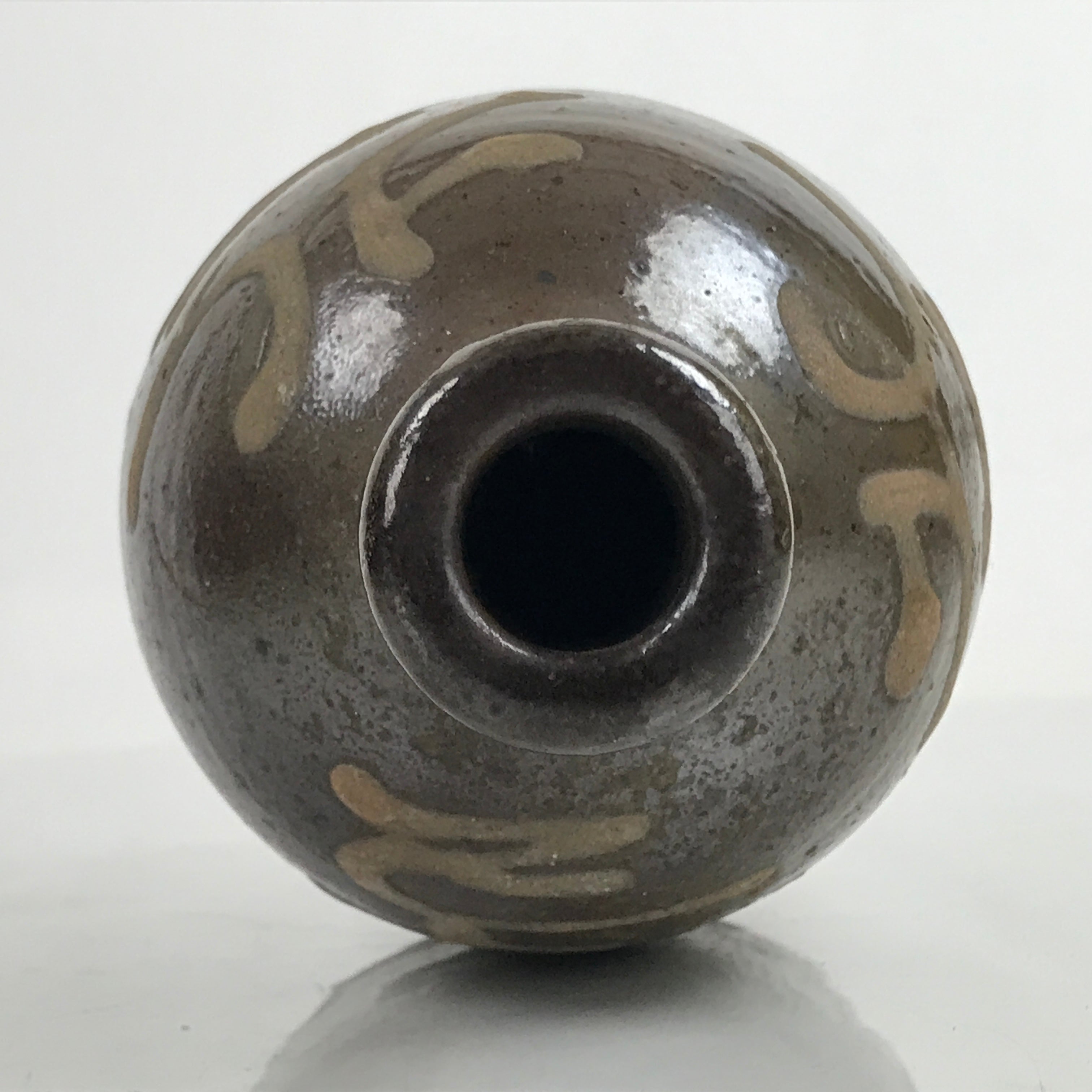 Japanese Ceramic Sake Bottle Kayoi-Tokkuri Vtg Beige Kanji Dark Brown TS744