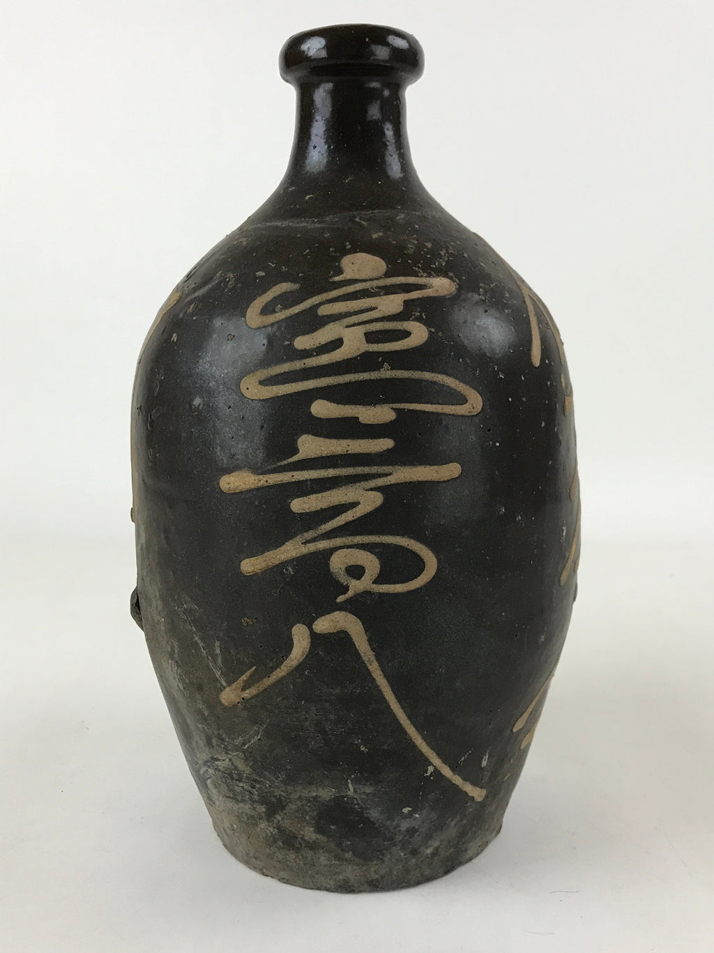 Japanese Ceramic Sake Bottle Kayoi-Tokkuri Vtg Brown Hand-Written Kanji TS613