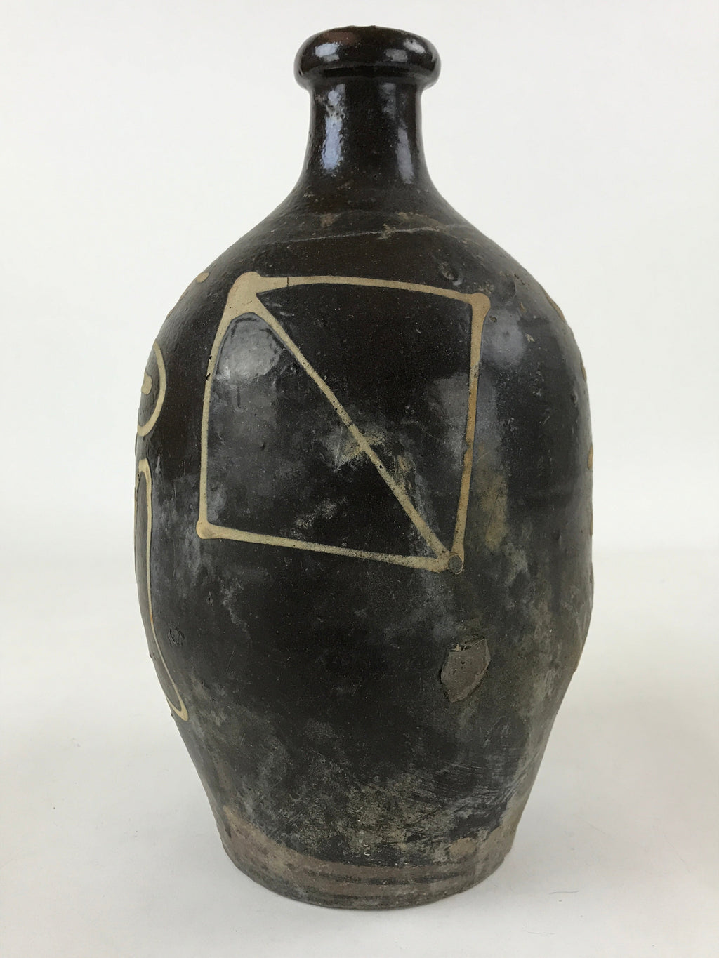 Japanese Ceramic Sake Bottle Kayoi-Tokkuri Vtg Brown Hand-Written Kanji TS613