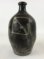Japanese Ceramic Sake Bottle Kayoi-Tokkuri Vtg Brown Hand-Written Kanji TS613